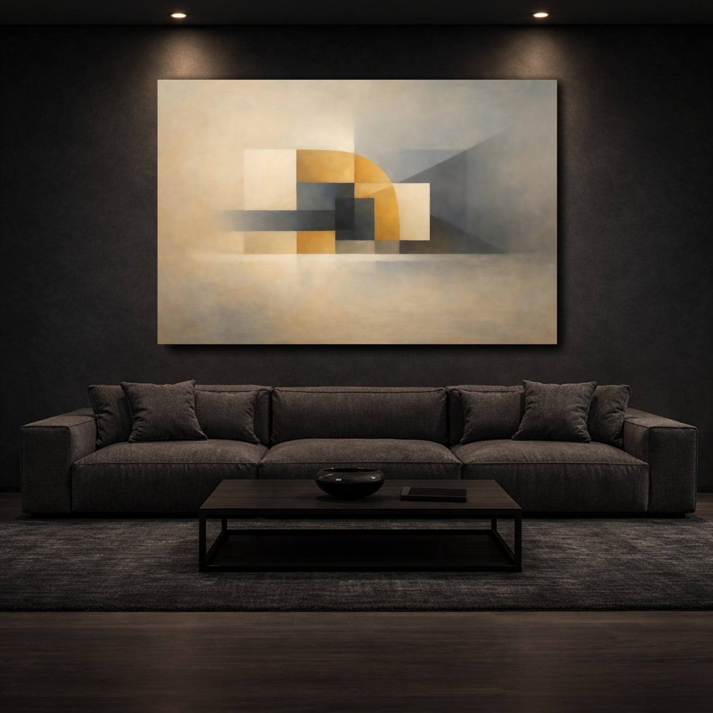 Mockup 2. Abstract Geometric Abstraction Beige Gray Geometric shown as stretched canvas wall art