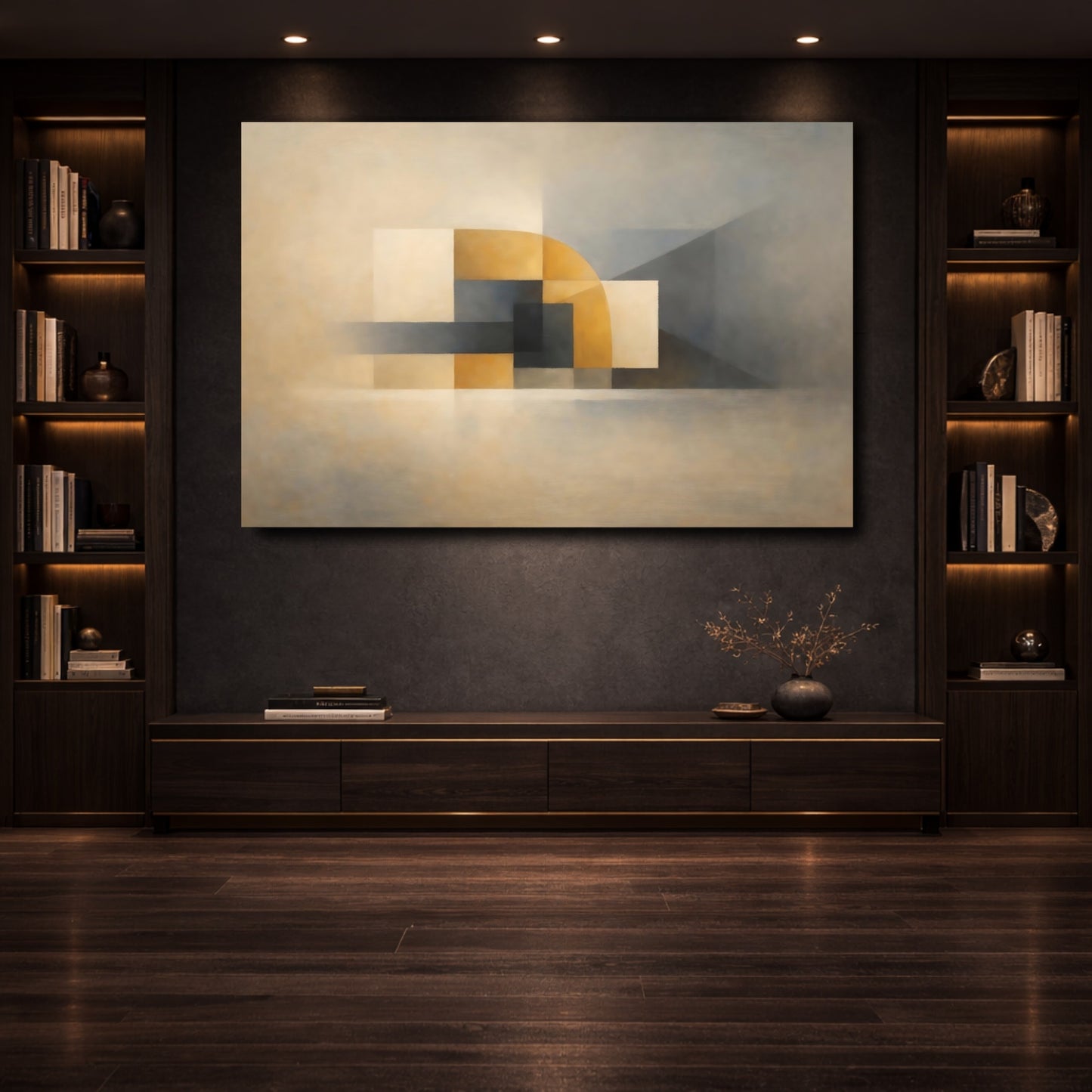 Mockup 3. Abstract Geometric Abstraction Beige Gray Geometric shown as stretched canvas wall art