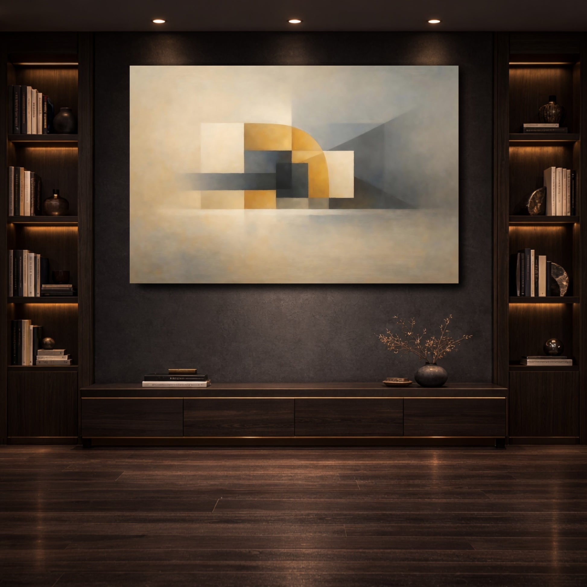 Mockup 3. Abstract Geometric Abstraction Beige Gray Geometric shown as stretched canvas wall art