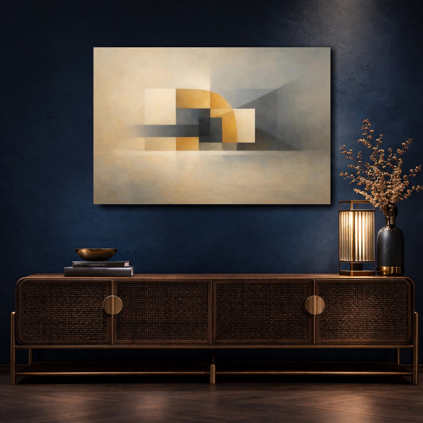 Mockup 4. Abstract Geometric Abstraction Beige Gray Geometric shown as stretched canvas wall art