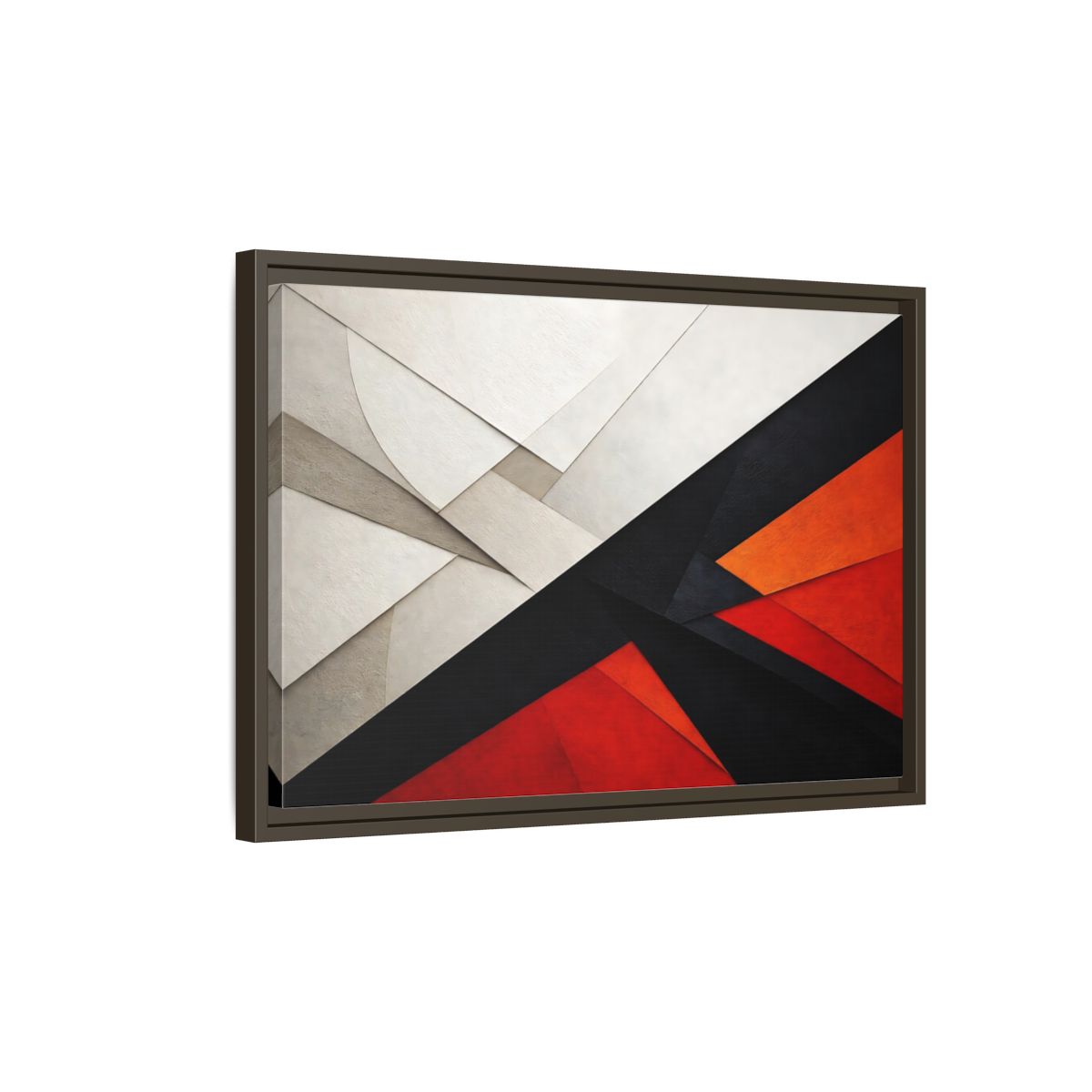 Side Mockup 2. Abstract Geometric Abstraction Black White Red Orange shown as stretched canvas wall art
