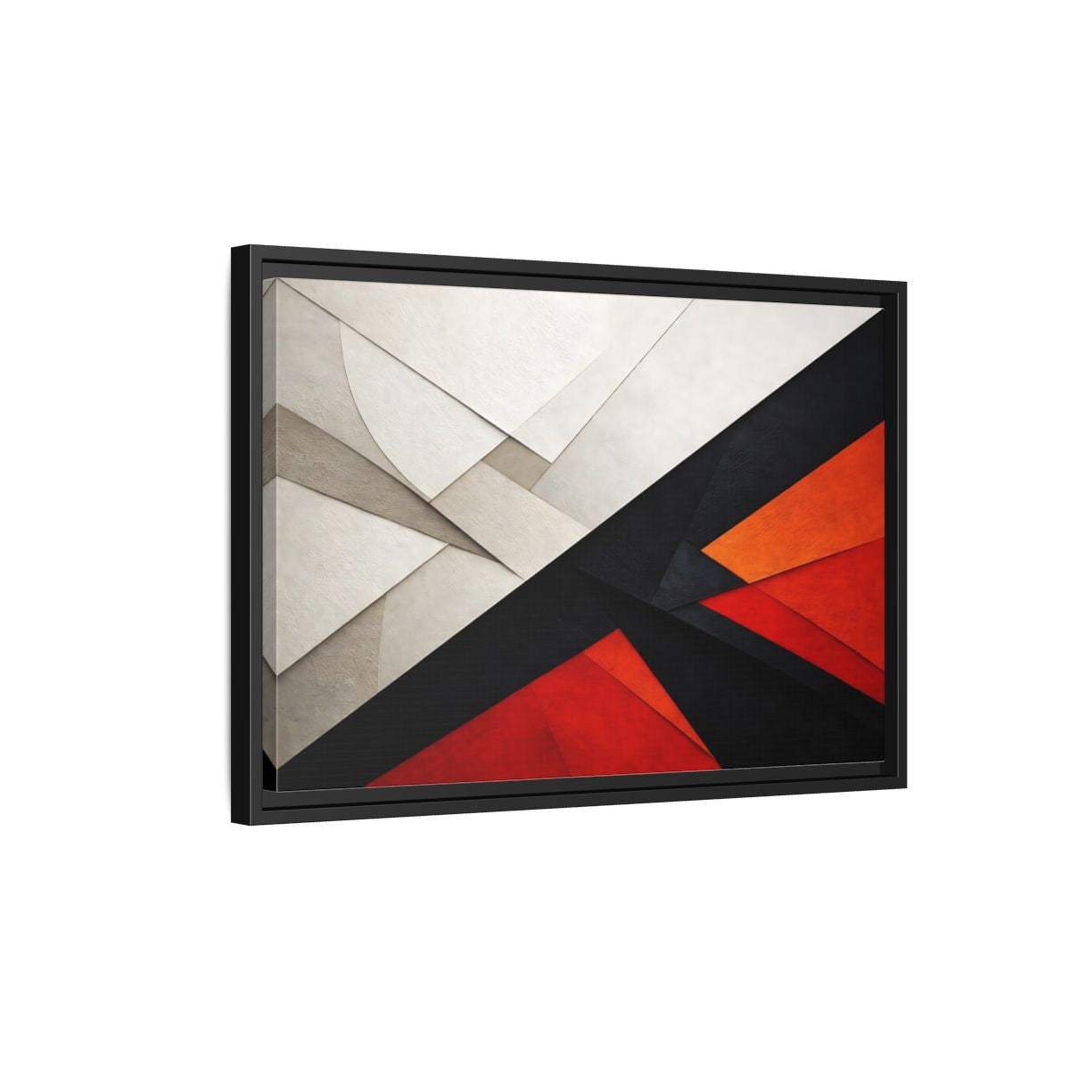 Side Mockup 3. Abstract Geometric Abstraction Black White Red Orange shown as stretched canvas wall art