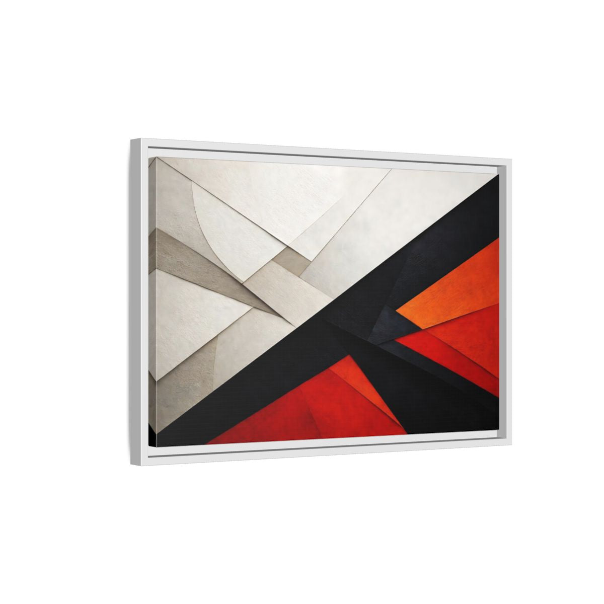 Side Mockup 1. Abstract Geometric Abstraction Black White Red Orange shown as stretched canvas wall art
