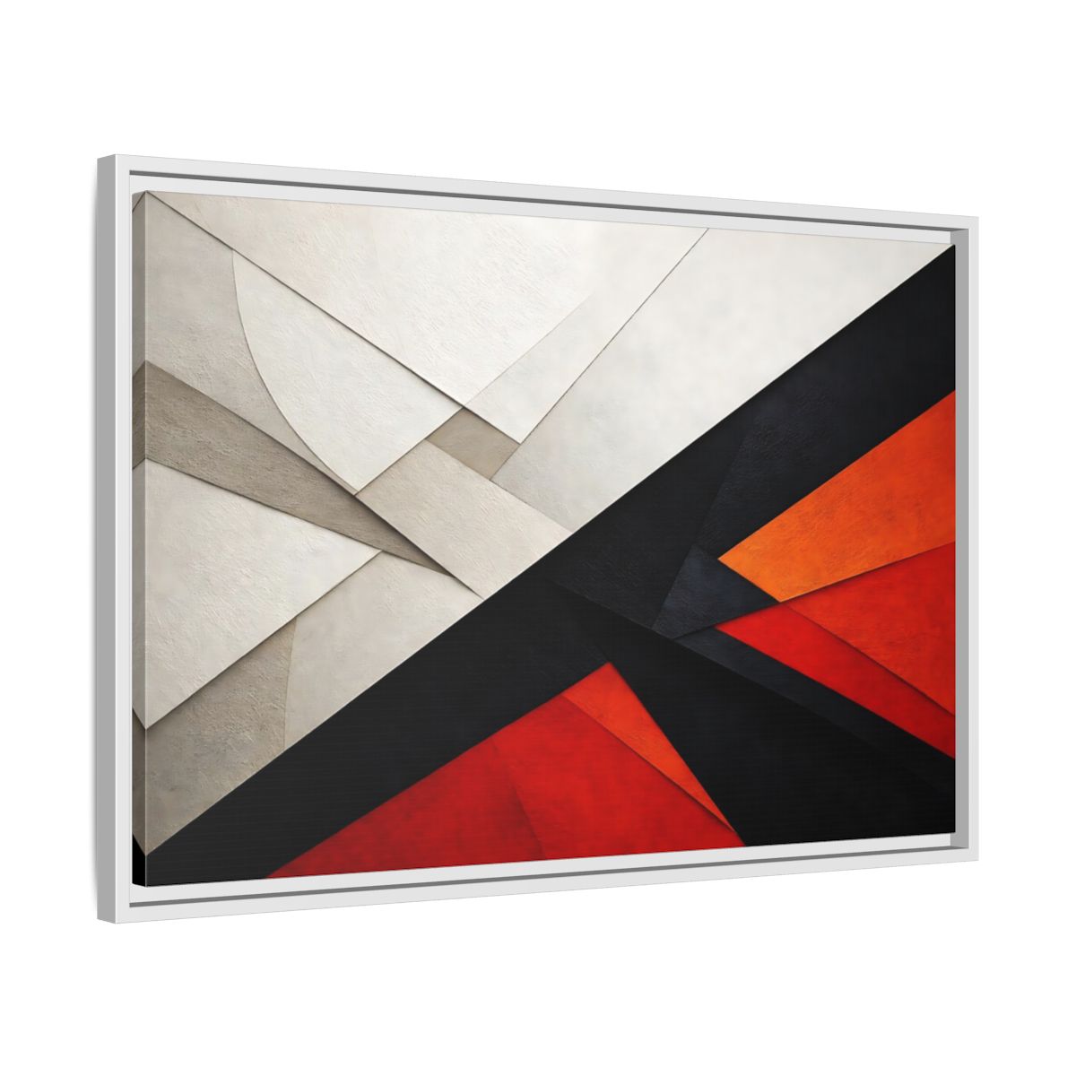 Side Mockup 10. Abstract Geometric Abstraction Black White Red Orange shown as stretched canvas wall art