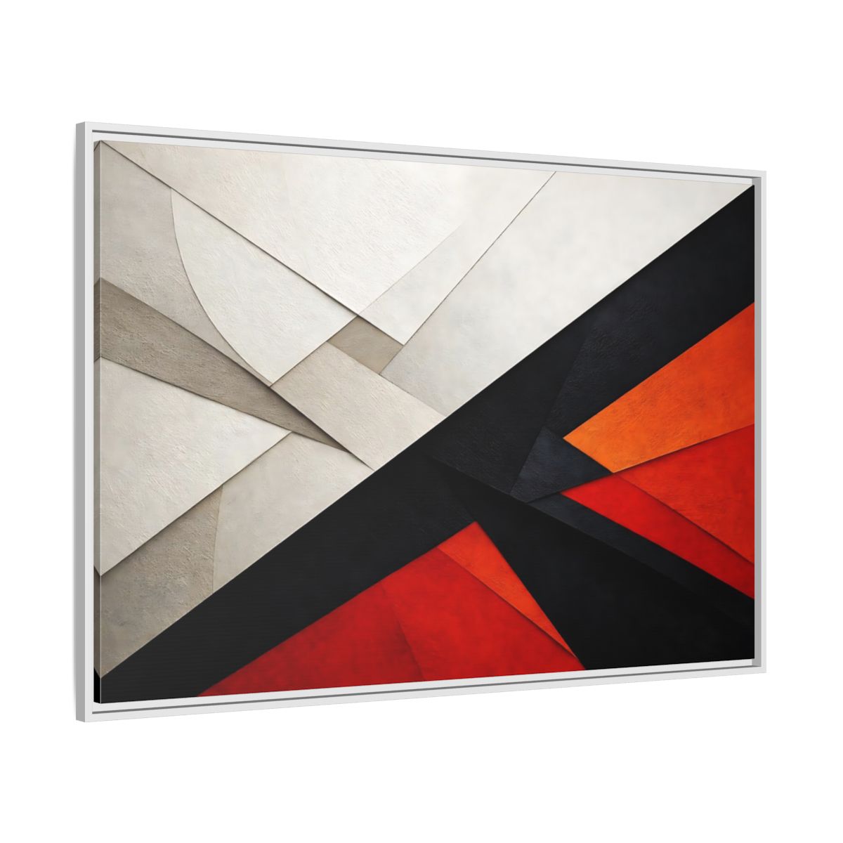 Side Mockup 7. Abstract Geometric Abstraction Black White Red Orange shown as stretched canvas wall art