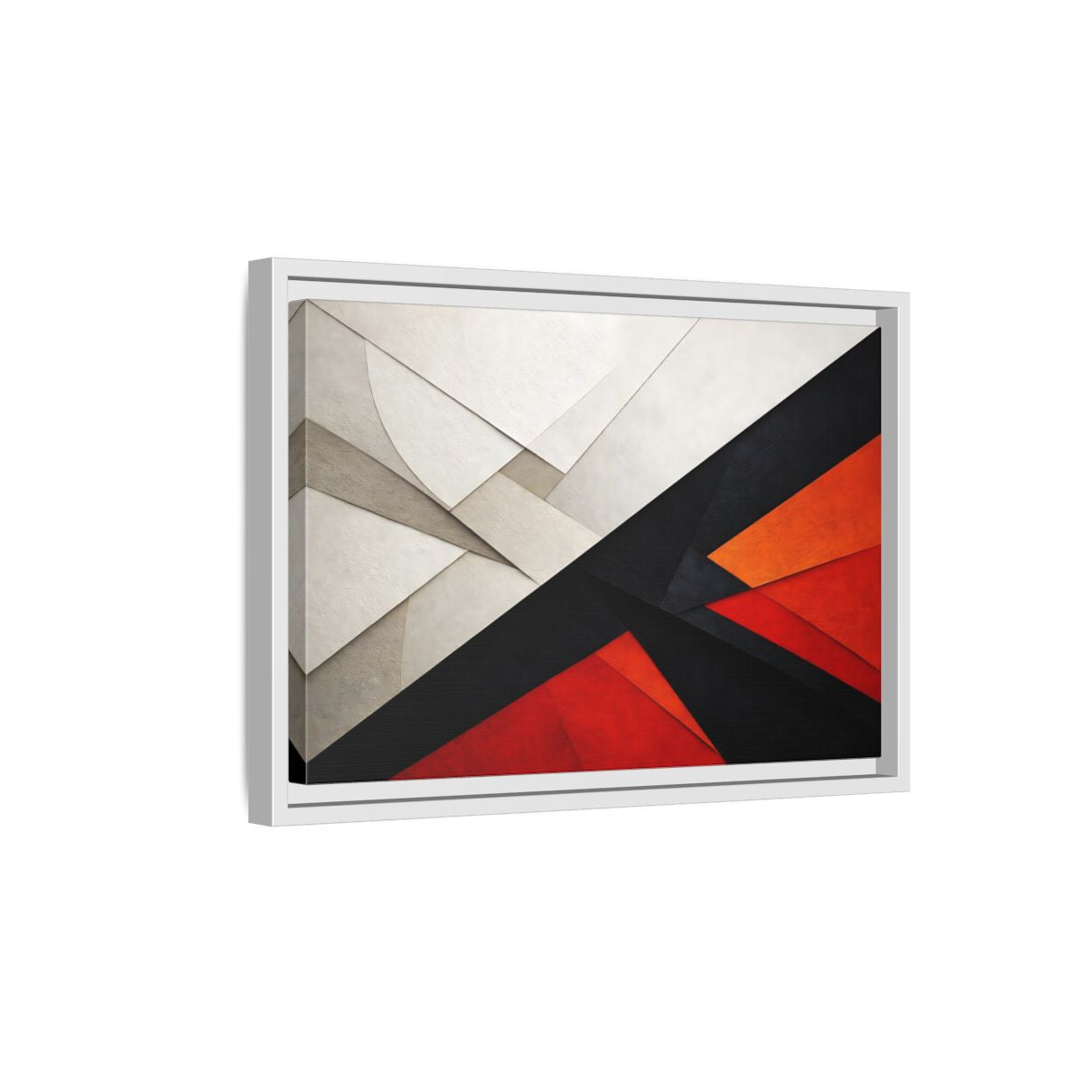 Side Mockup 4. Abstract Geometric Abstraction Black White Red Orange shown as stretched canvas wall art