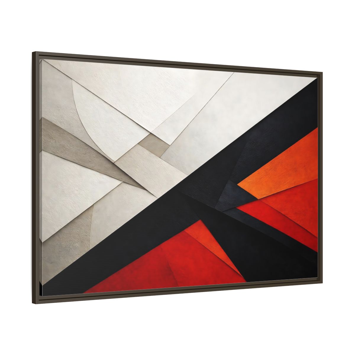 Main Mockup. Abstract Geometric Abstraction Black White Red Orange shown as stretched canvas wall art