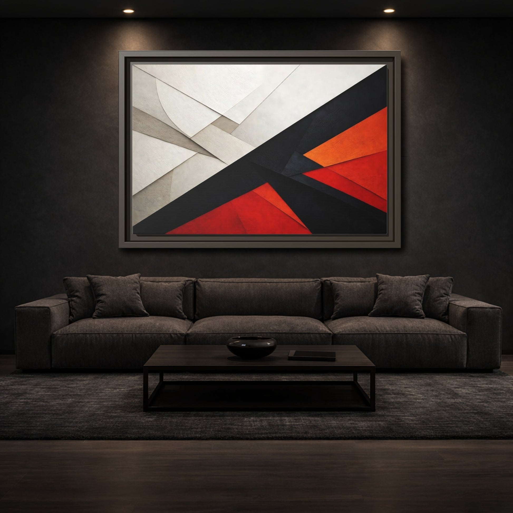 Mockup 2. Abstract Geometric Abstraction Black White Red Orange shown as stretched canvas wall art