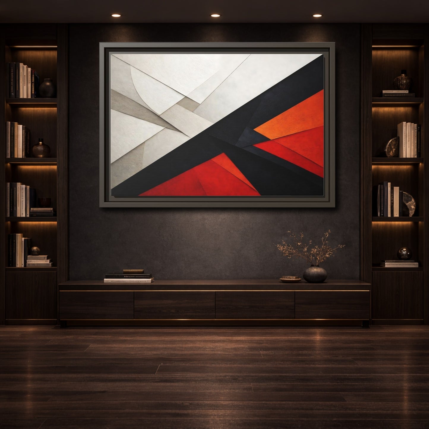 Mockup 3. Abstract Geometric Abstraction Black White Red Orange shown as stretched canvas wall art