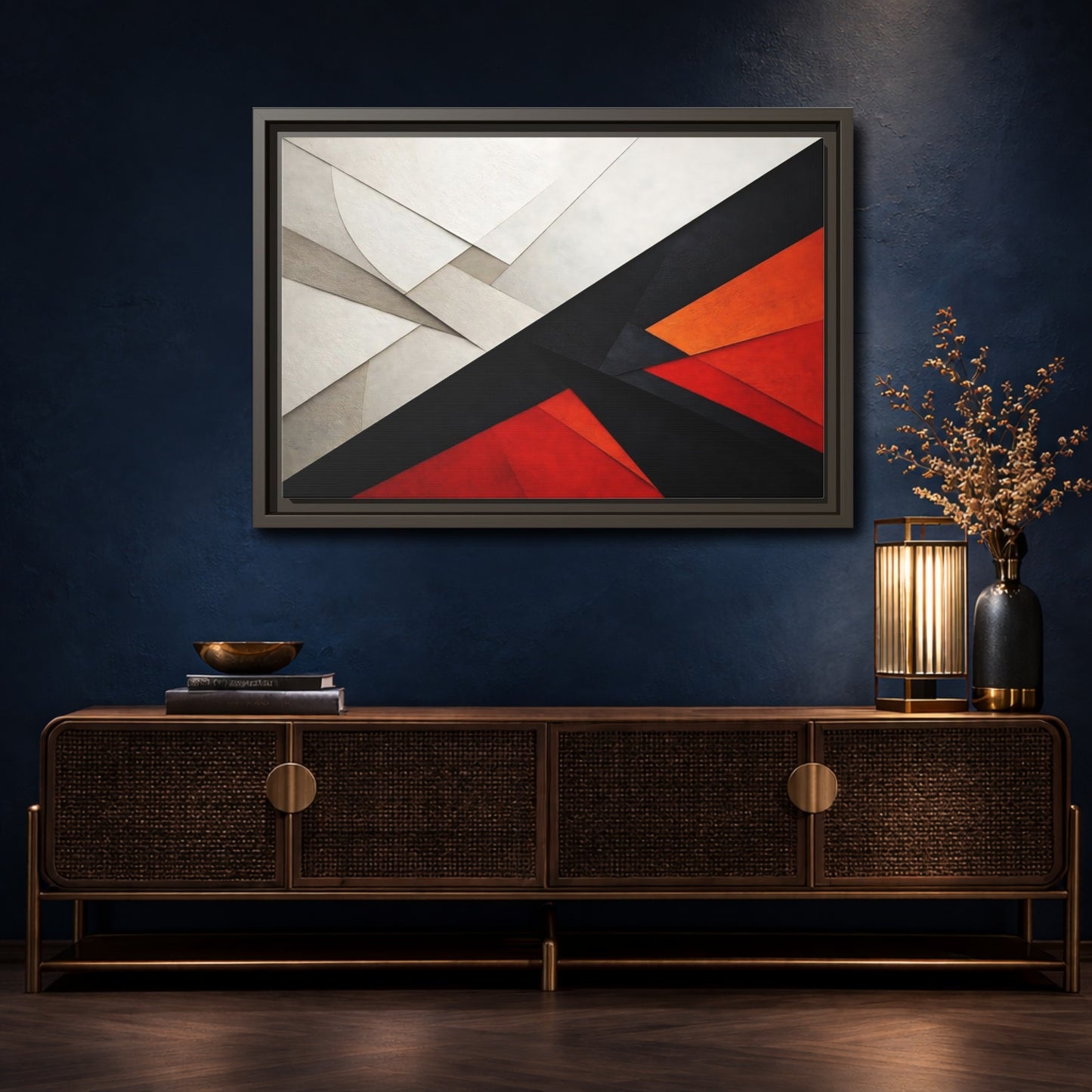 Mockup 4. Abstract Geometric Abstraction Black White Red Orange shown as stretched canvas wall art