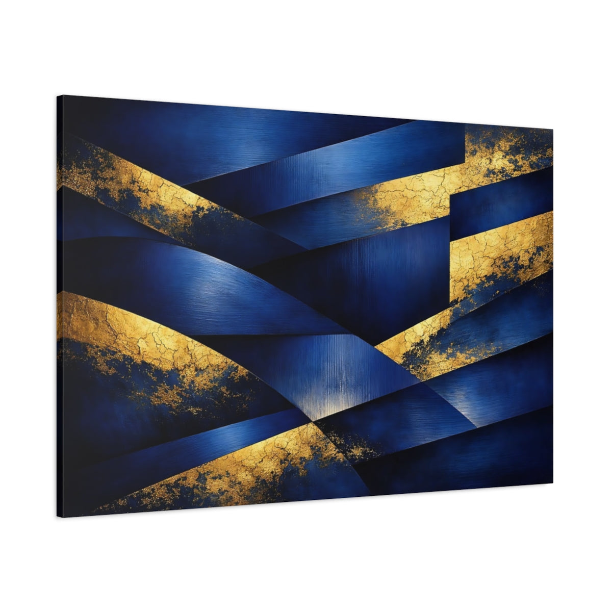 Main Mockup. Abstract Geometric Abstraction Blue And Gold shown as stretched canvas wall art