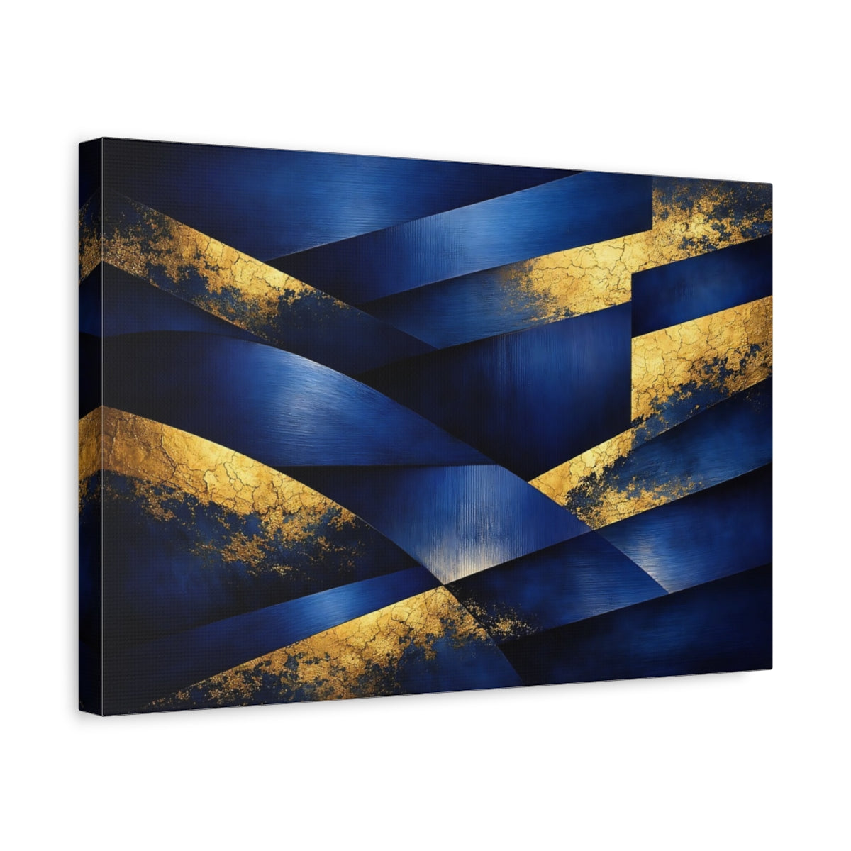 Side Mockup 4. Abstract Geometric Abstraction Blue And Gold shown as stretched canvas wall art