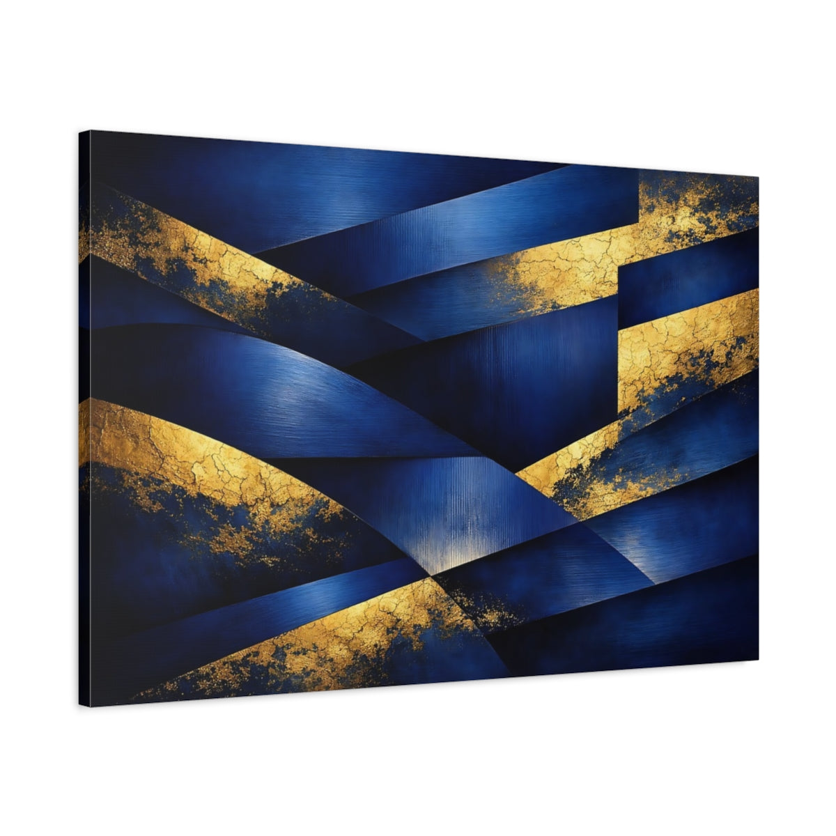 Side Mockup 1. Abstract Geometric Abstraction Blue And Gold shown as stretched canvas wall art