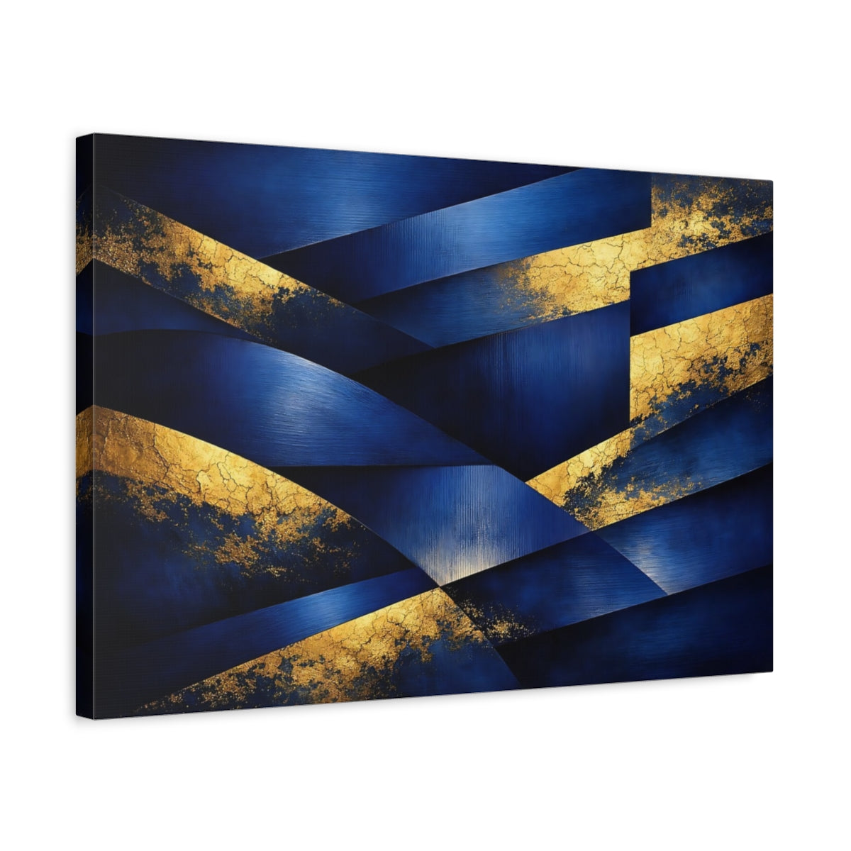 Side Mockup 3. Abstract Geometric Abstraction Blue And Gold shown as stretched canvas wall art
