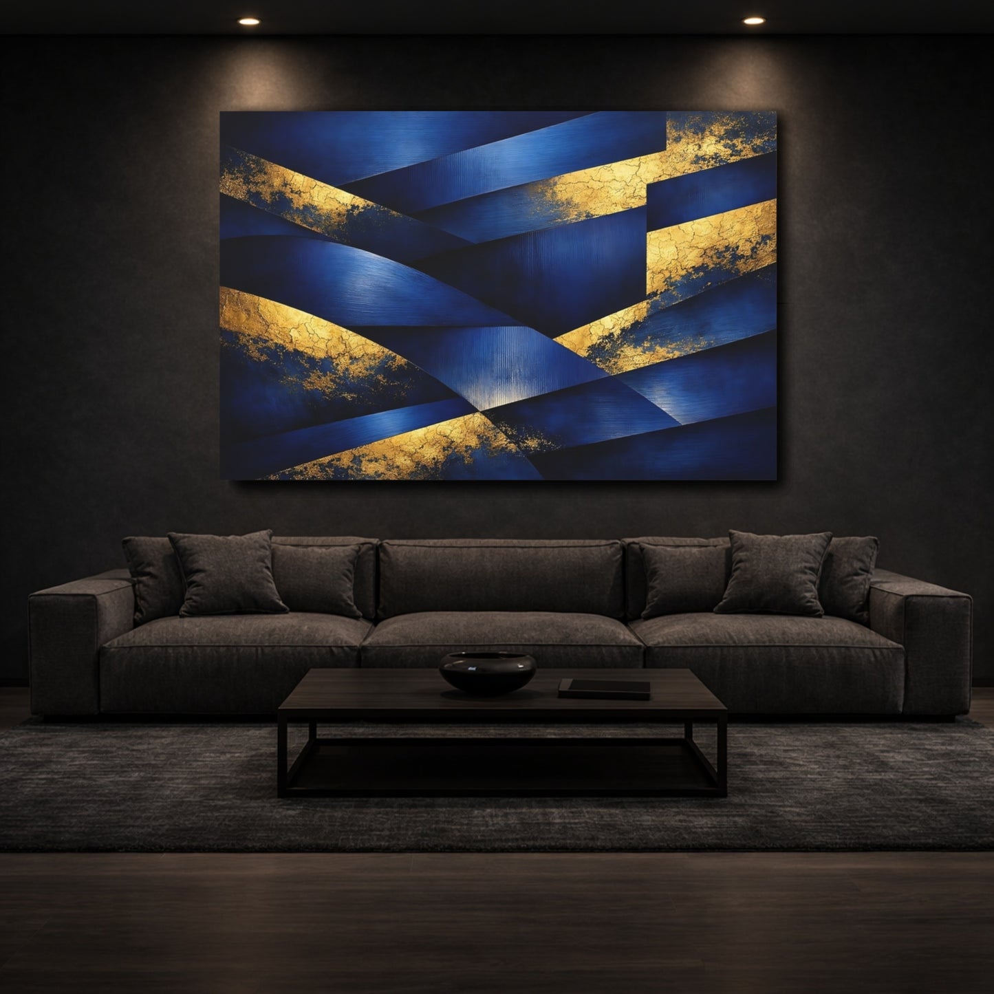 Mockup 2. Abstract Geometric Abstraction Blue And Gold shown as stretched canvas wall art