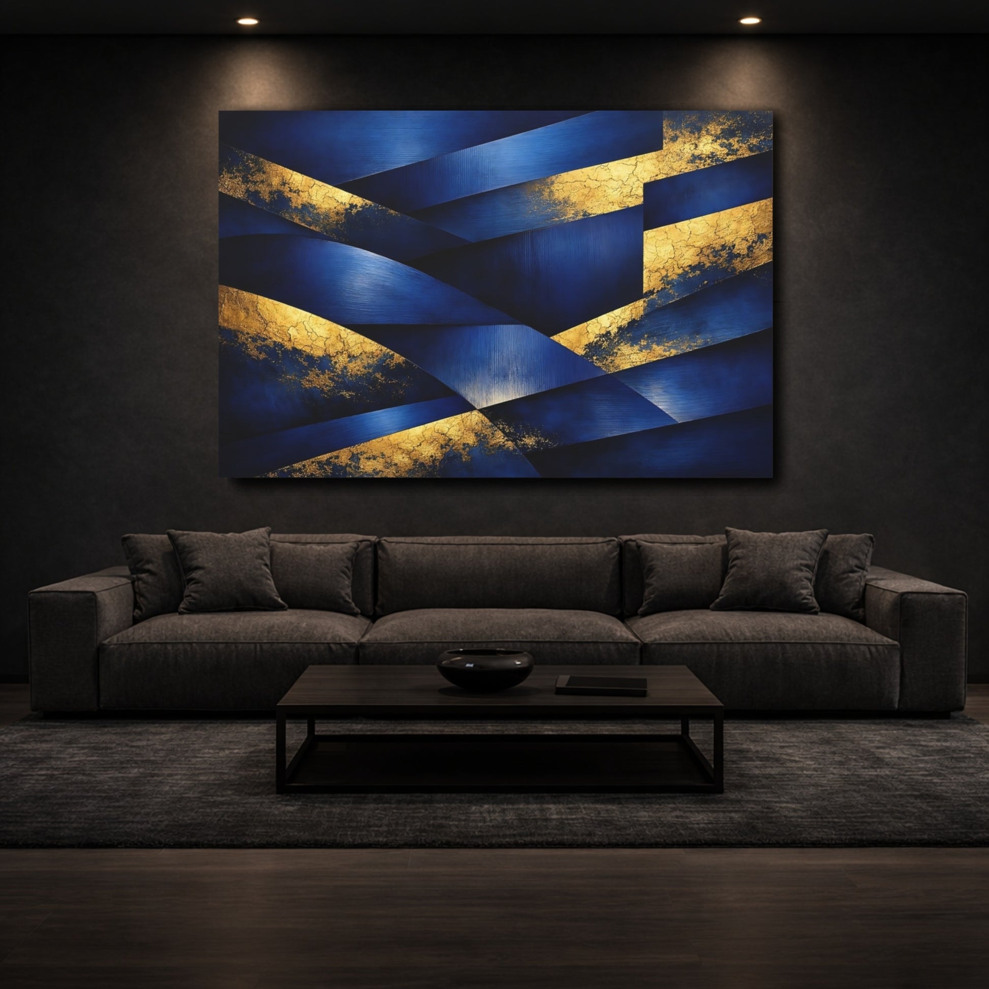 Mockup 2. Abstract Geometric Abstraction Blue And Gold shown as stretched canvas wall art
