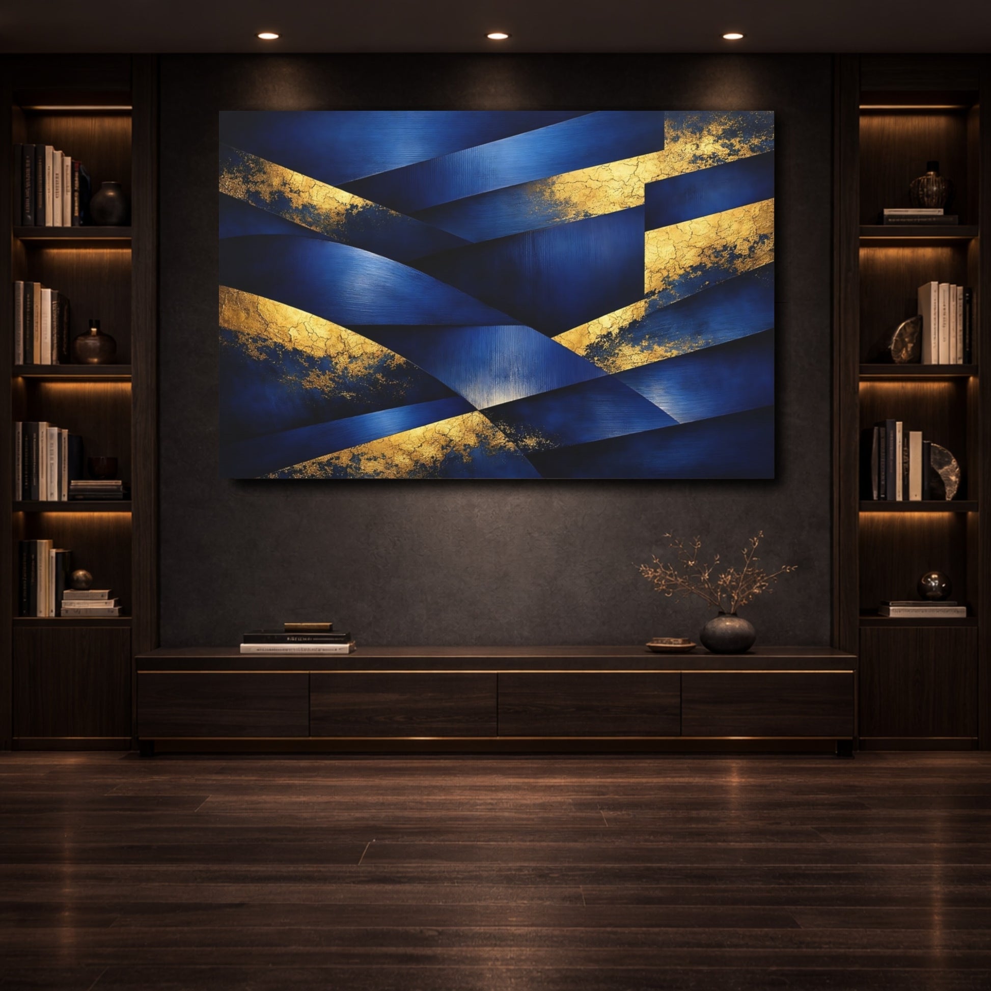 Mockup 3. Abstract Geometric Abstraction Blue And Gold shown as stretched canvas wall art
