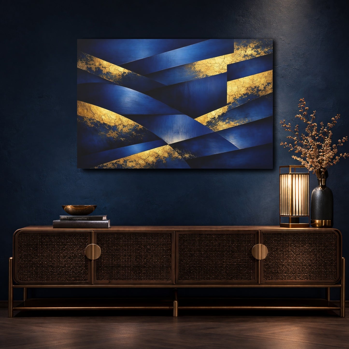 Mockup 4. Abstract Geometric Abstraction Blue And Gold shown as stretched canvas wall art