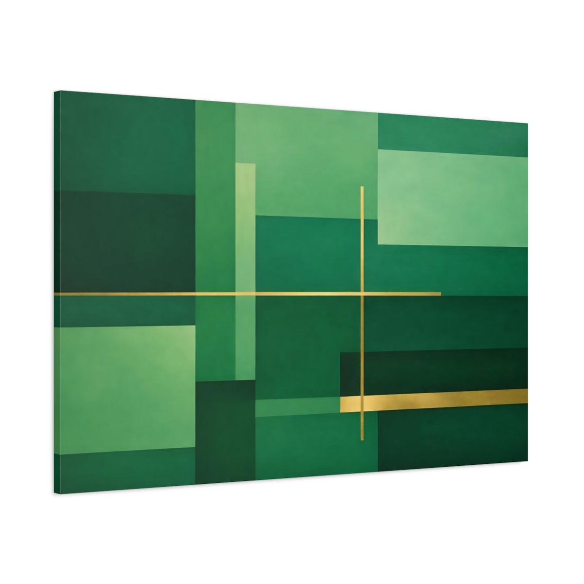 Main Mockup. Abstract Geometric Abstraction Green And Gold shown as stretched canvas wall art