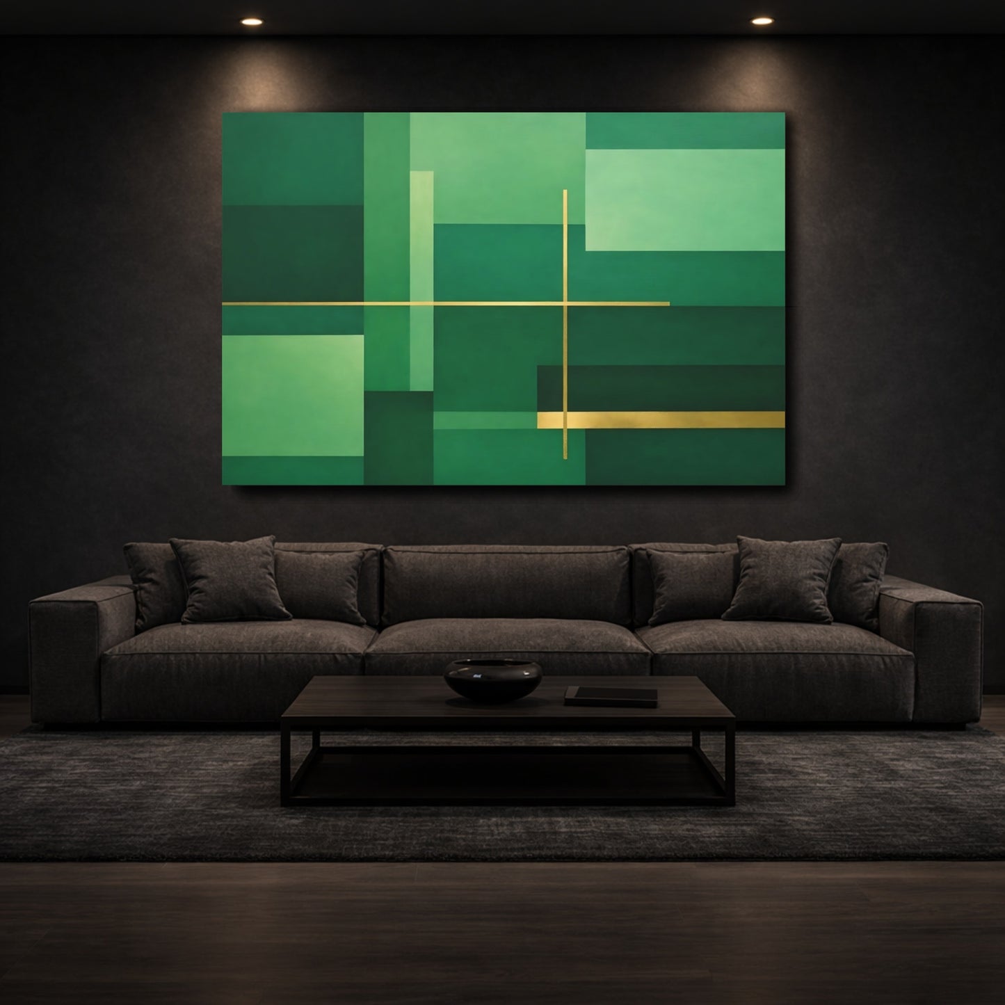 Mockup 2. Abstract Geometric Abstraction Green And Gold shown as stretched canvas wall art