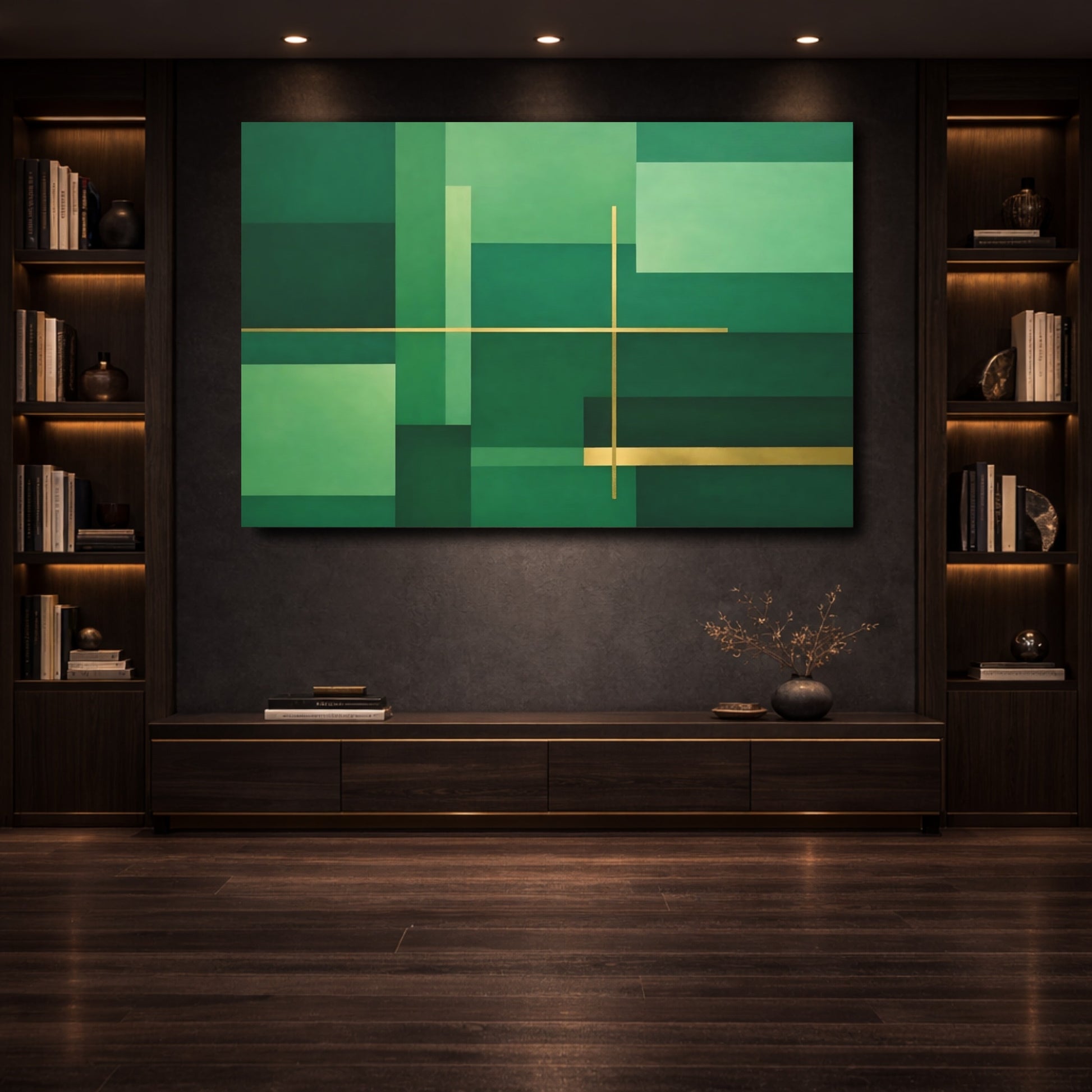 Mockup 3. Abstract Geometric Abstraction Green And Gold shown as stretched canvas wall art