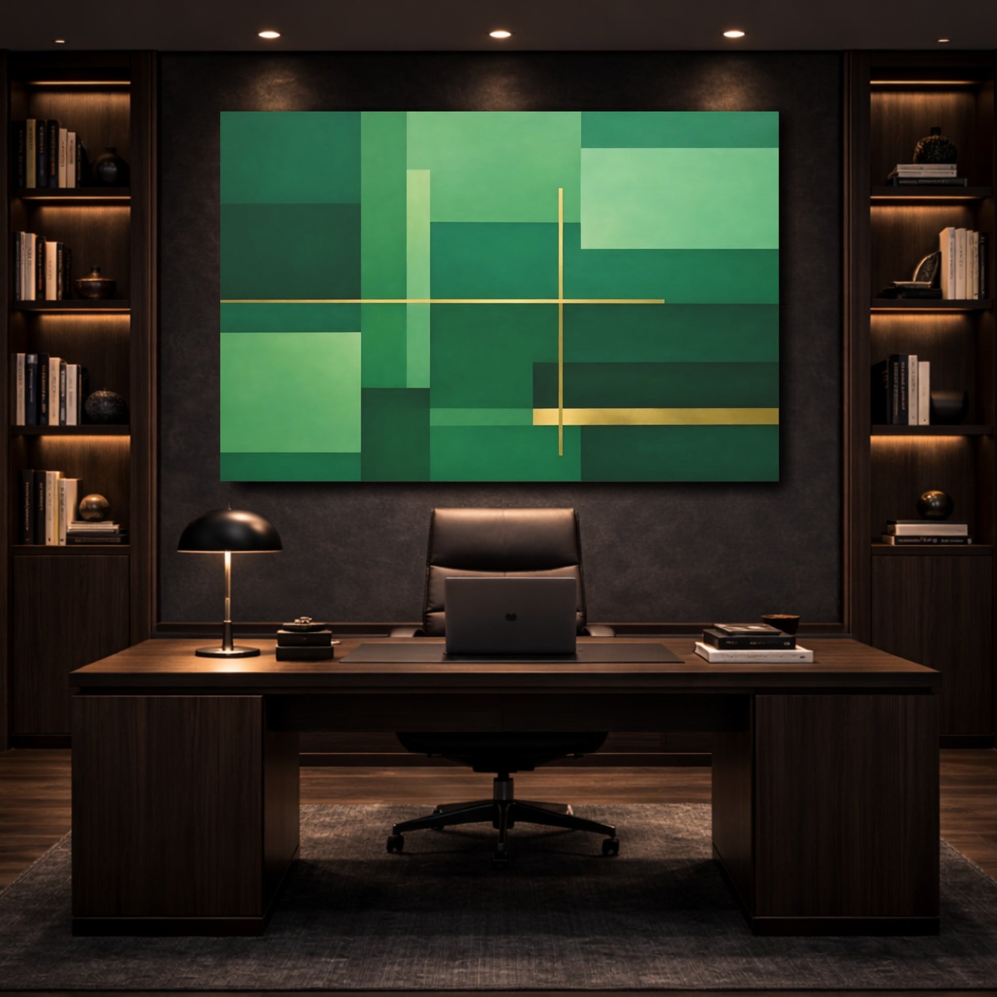 Mockup 4. Abstract Geometric Abstraction Green And Gold shown as stretched canvas wall art