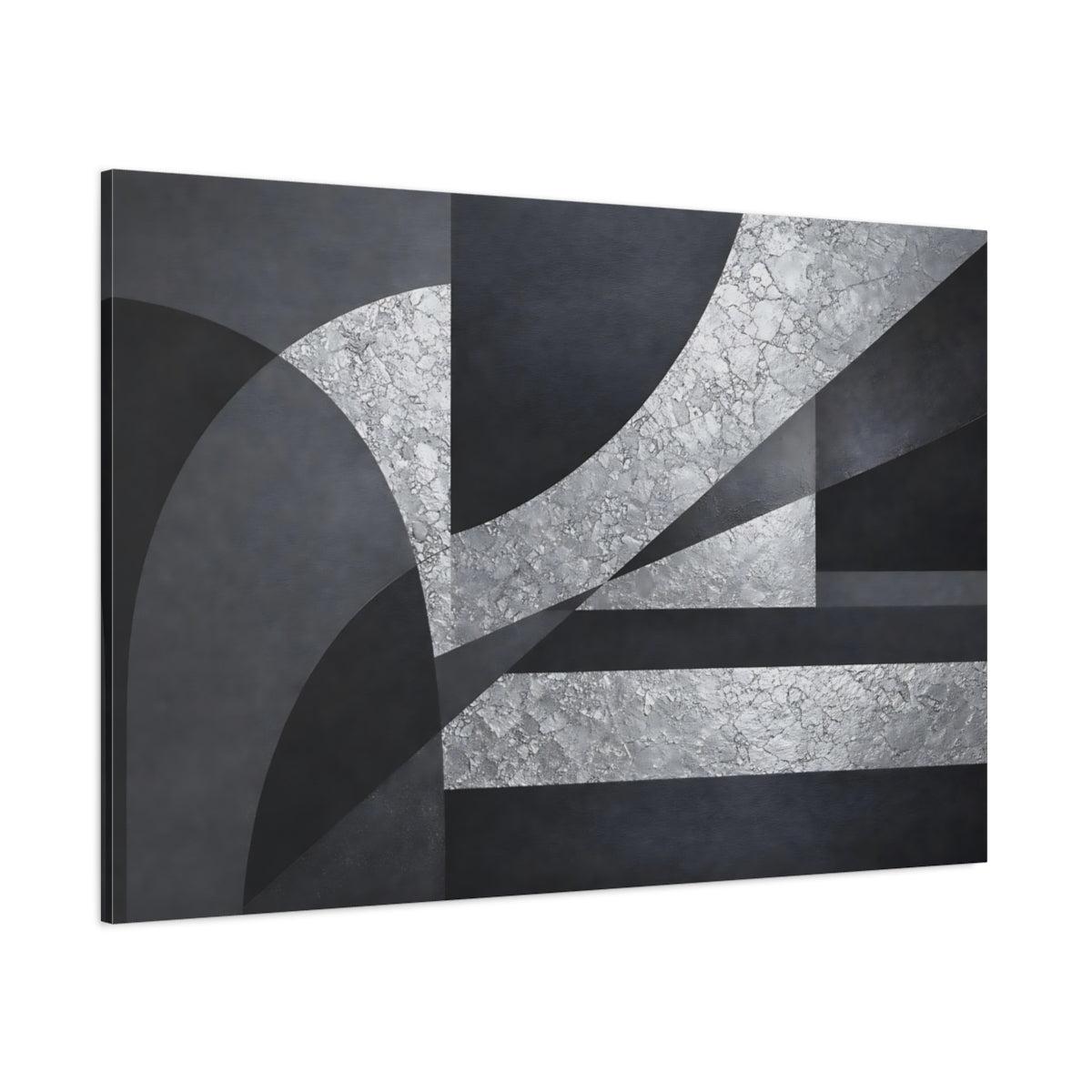 Main Mockup. Abstract Geometric Abstraction Silver And Gray Abstract shown as stretched canvas wall art
