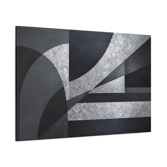 Main Mockup. Abstract Geometric Abstraction Silver And Gray Abstract shown as stretched canvas wall art