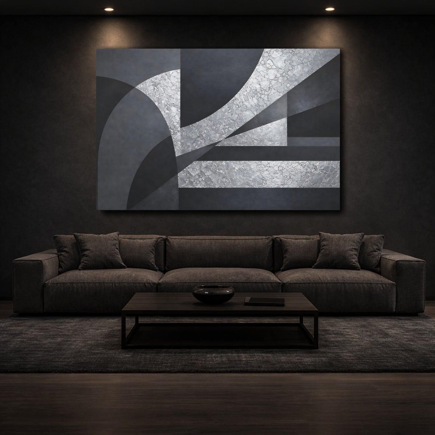 Mockup 2. Abstract Geometric Abstraction Silver And Gray Abstract shown as stretched canvas wall art