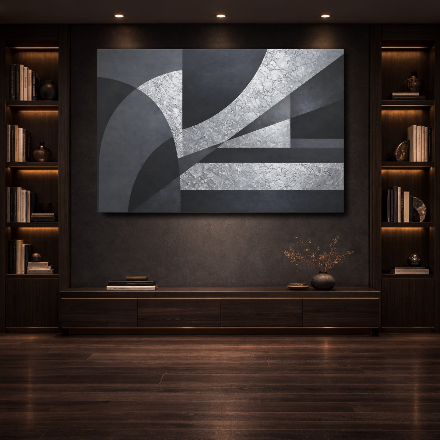 Mockup 3. Abstract Geometric Abstraction Silver And Gray Abstract shown as stretched canvas wall art