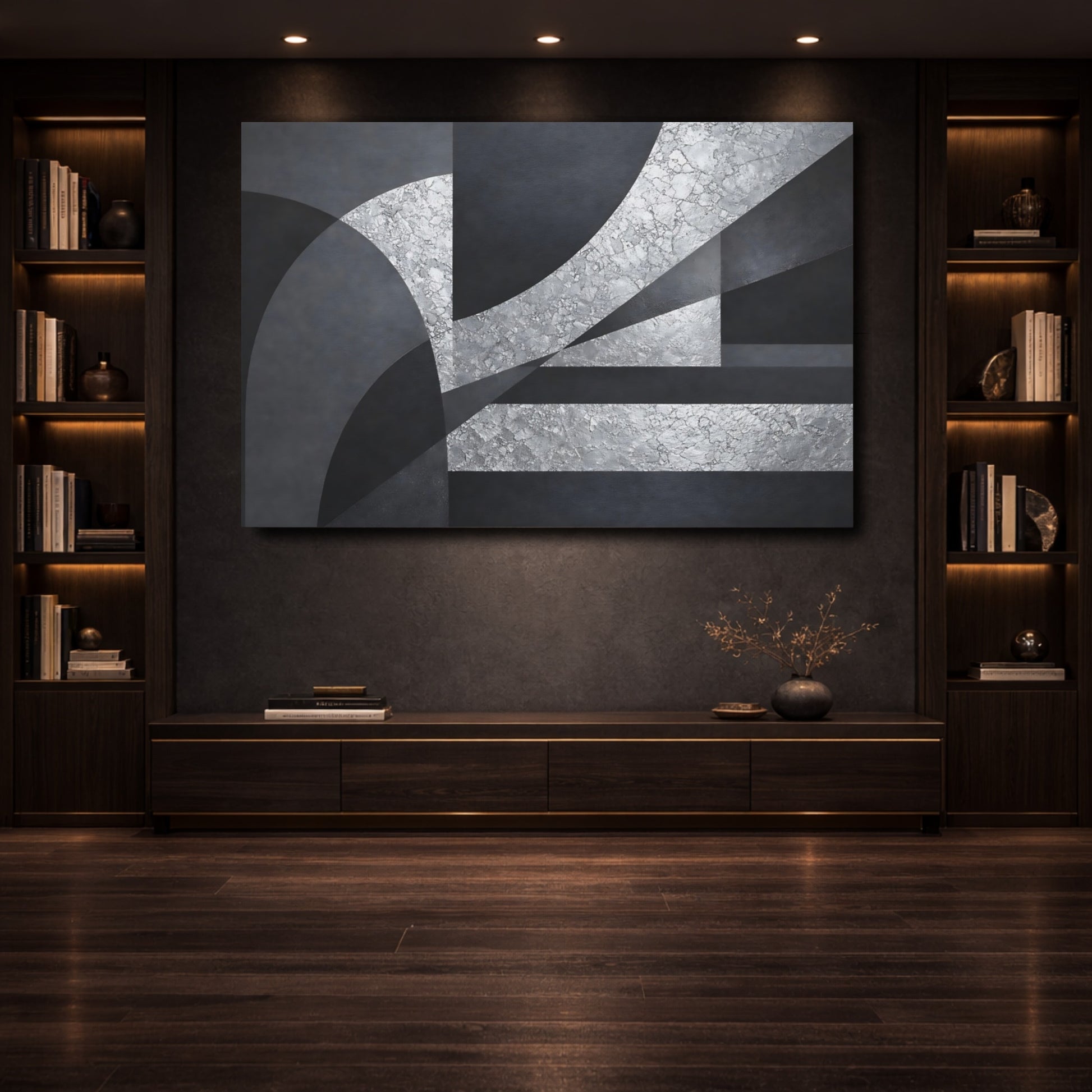 Mockup 3. Abstract Geometric Abstraction Silver And Gray Abstract shown as stretched canvas wall art
