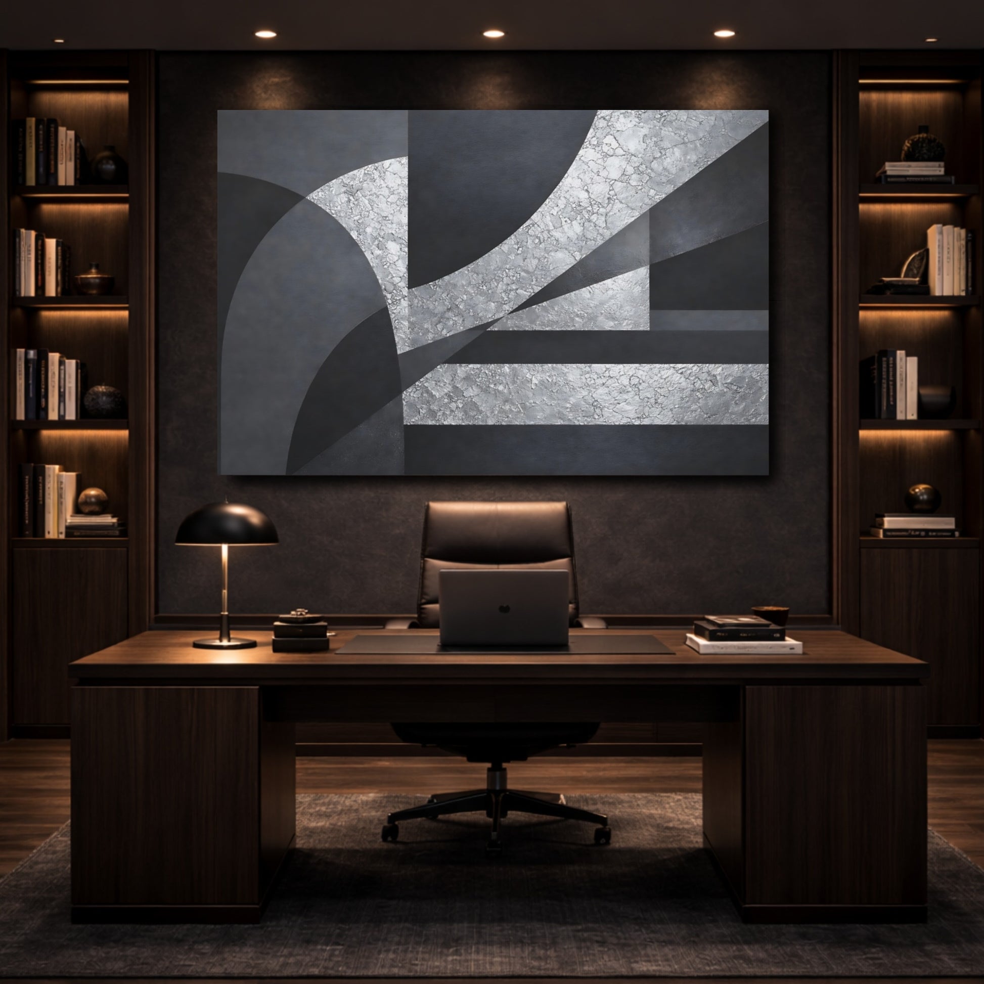 Mockup 4. Abstract Geometric Abstraction Silver And Gray Abstract shown as stretched canvas wall art