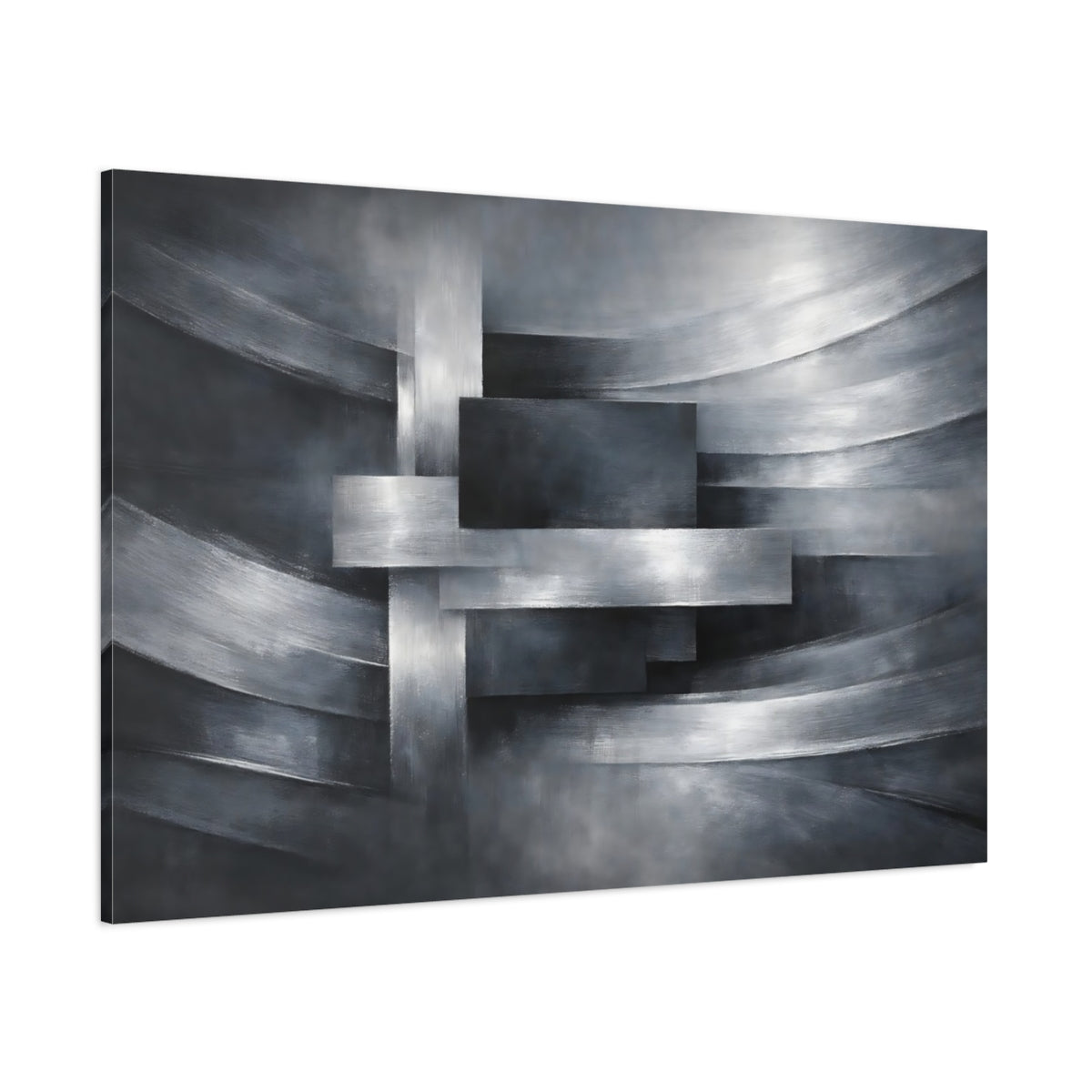 Main Mockup. Abstract Geometric Abstraction Silver And Grey shown as stretched canvas wall art