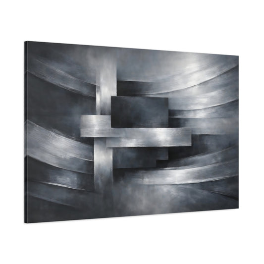 Main Mockup. Abstract Geometric Abstraction Silver And Grey shown as stretched canvas wall art