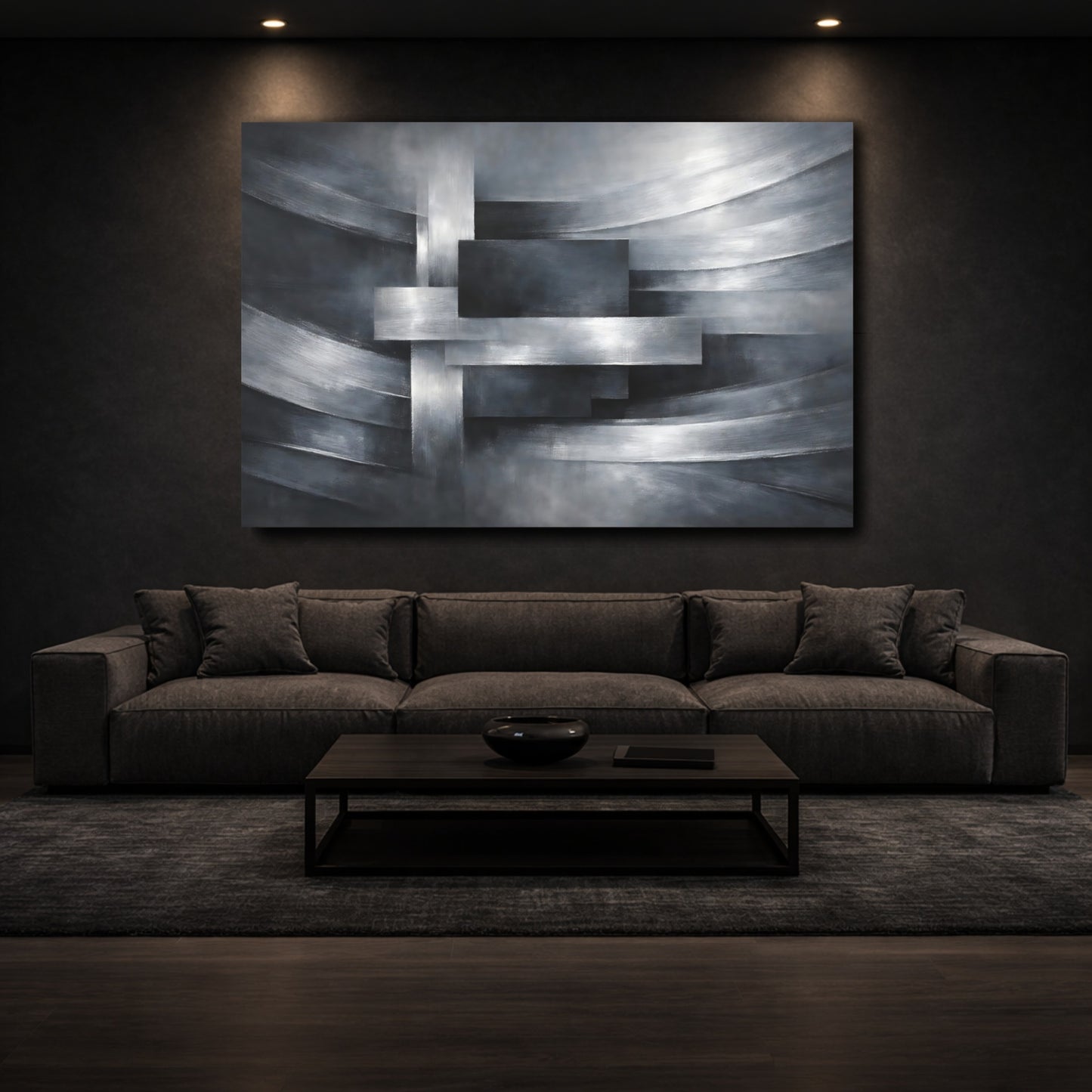 Mockup 2. Abstract Geometric Abstraction Silver And Grey shown as stretched canvas wall art
