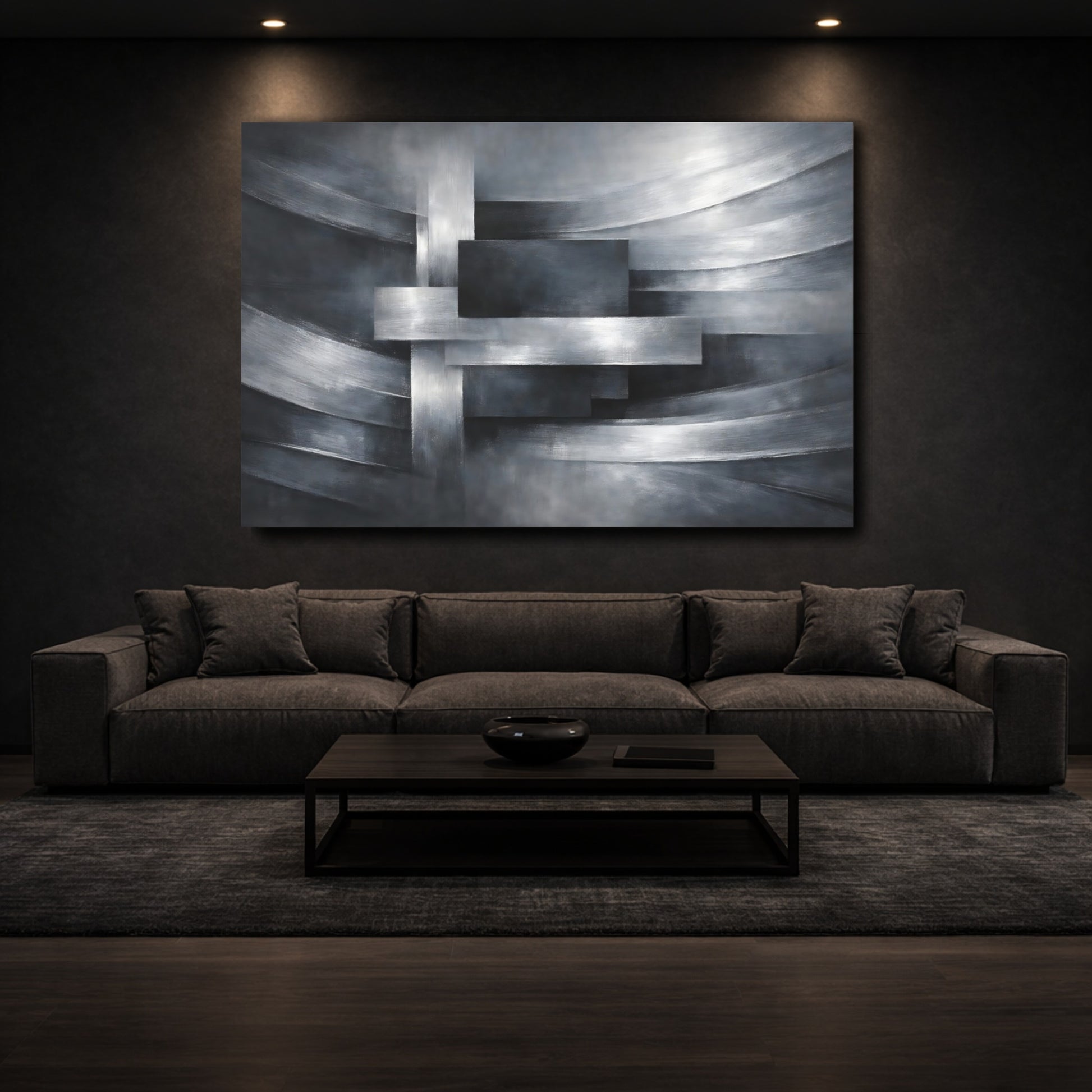 Mockup 2. Abstract Geometric Abstraction Silver And Grey shown as stretched canvas wall art