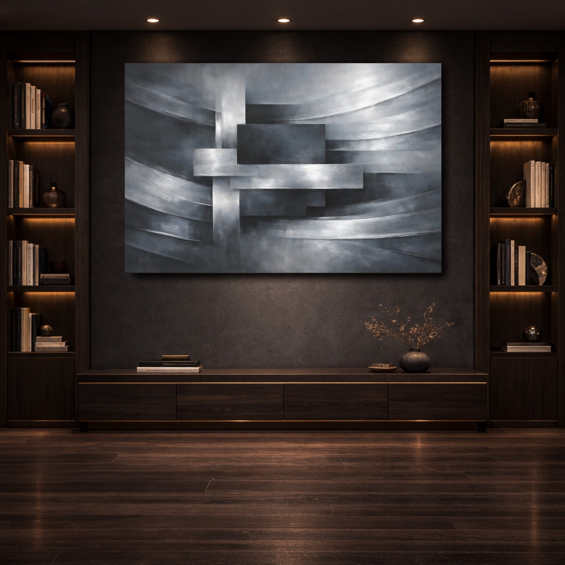 Mockup 3. Abstract Geometric Abstraction Silver And Grey shown as stretched canvas wall art
