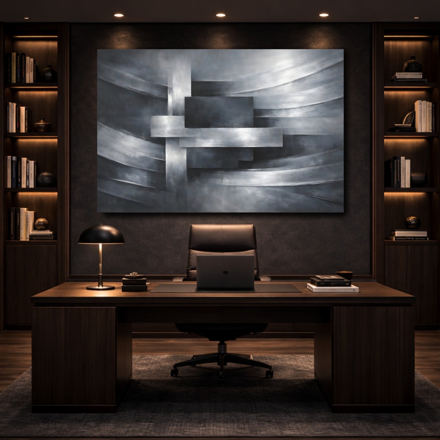 Mockup 4. Abstract Geometric Abstraction Silver And Grey shown as stretched canvas wall art