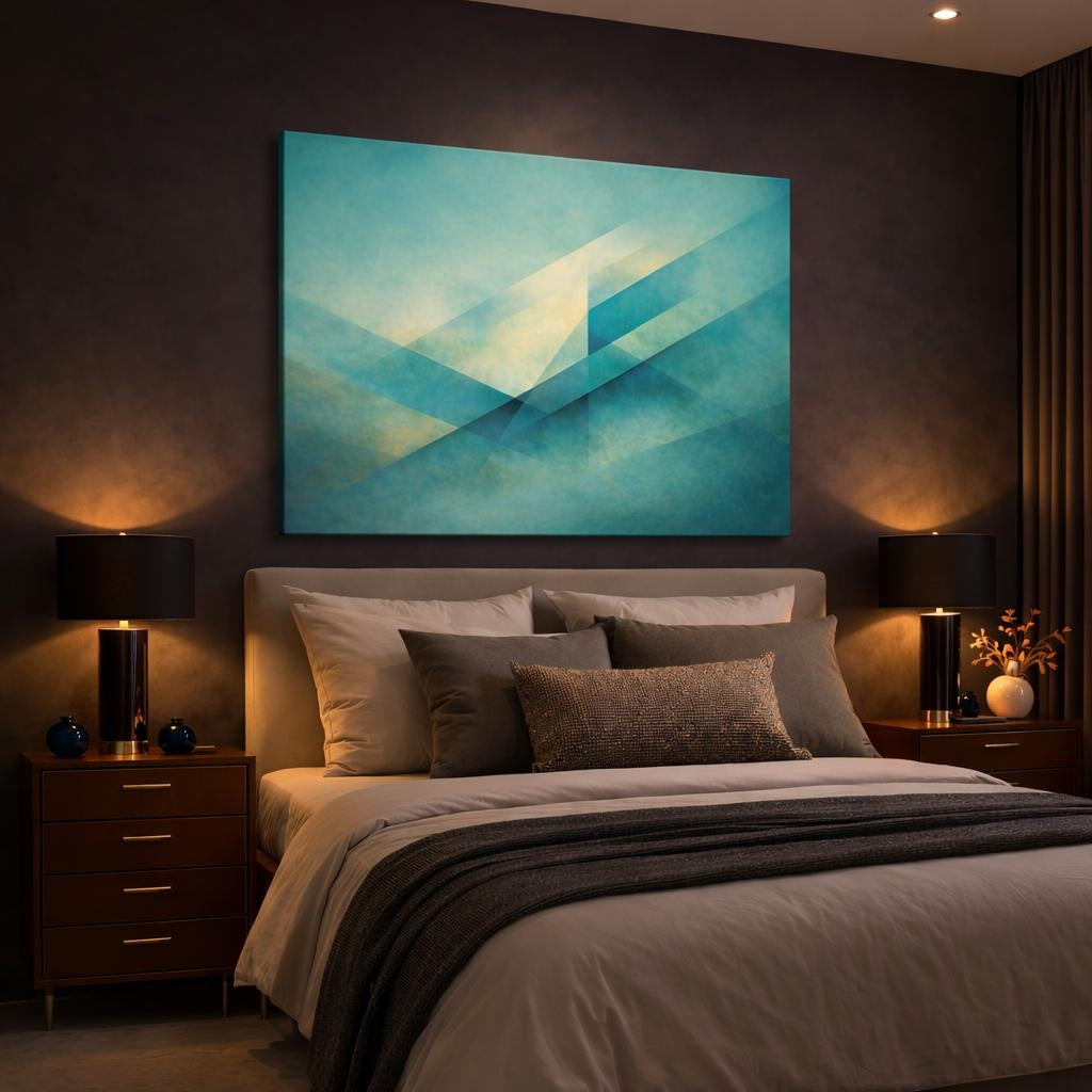 Abstract Geometric Abstraction Teal And Gold Geometric shown as canvas wall art in a modern living room
