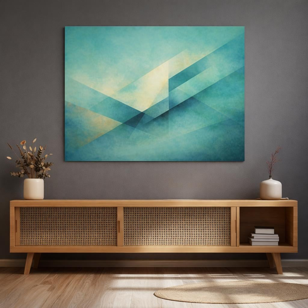 Abstract Geometric Abstraction Teal And Gold Geometric shown as canvas wall art in a luxury bedroom