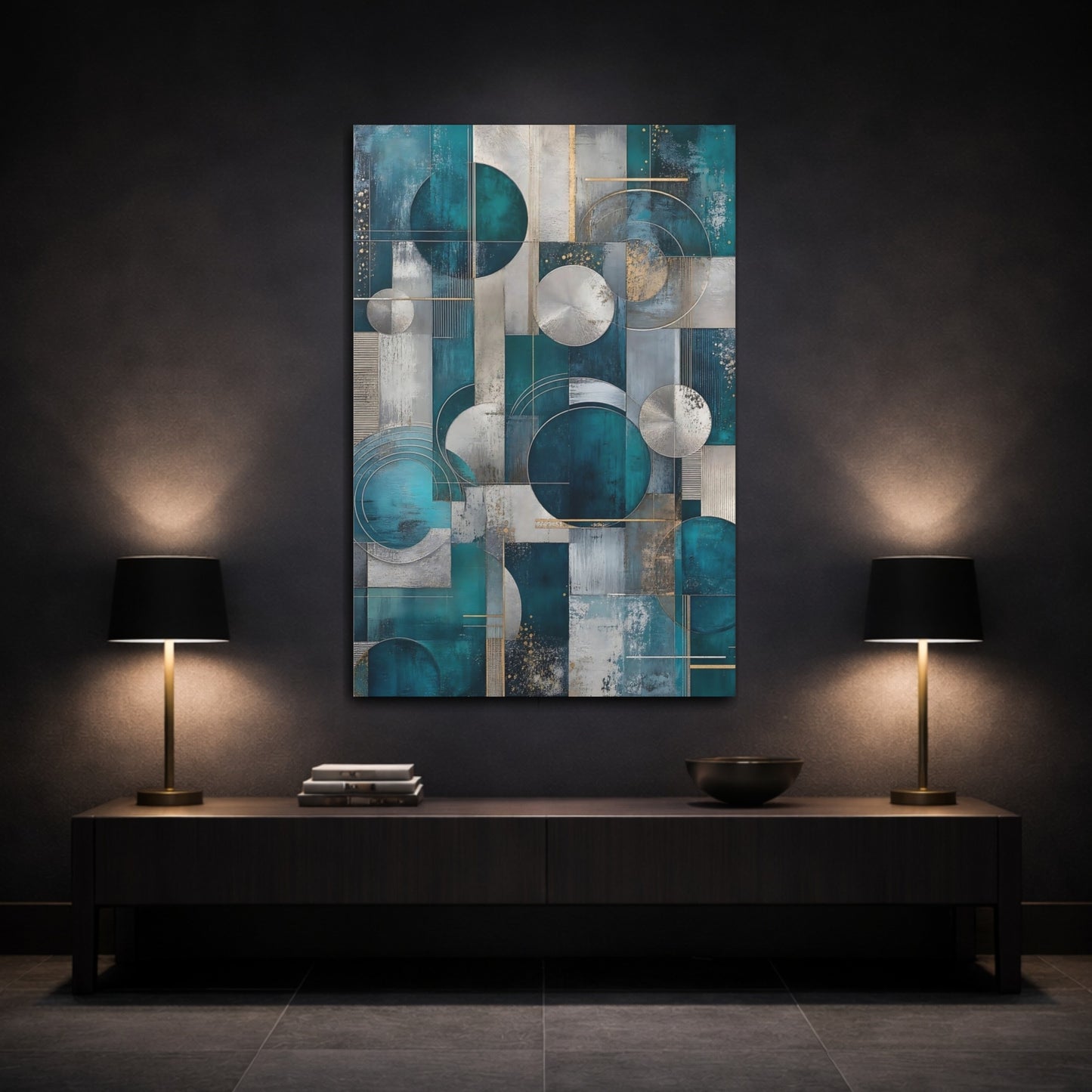 Mockup 3. Abstract Geometric Abstraction Teal And Silver Abstract shown as stretched canvas wall art