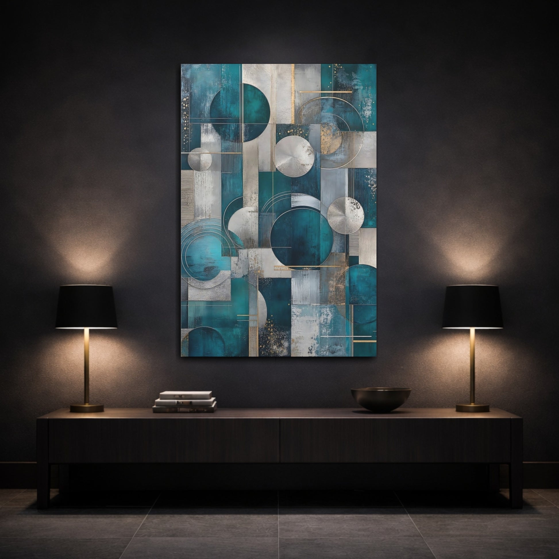Mockup 3. Abstract Geometric Abstraction Teal And Silver Abstract shown as stretched canvas wall art