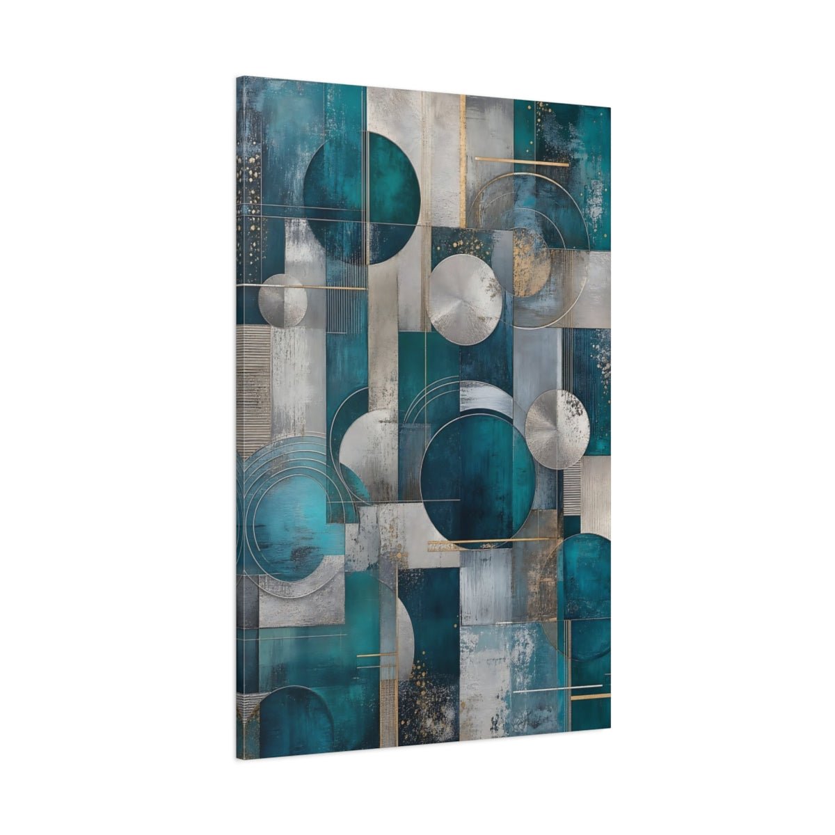 Abstract Geometric Abstraction Teal And Silver Canvas Wall Art Print – Living Room Decor, Above Console Table - YesArtYes