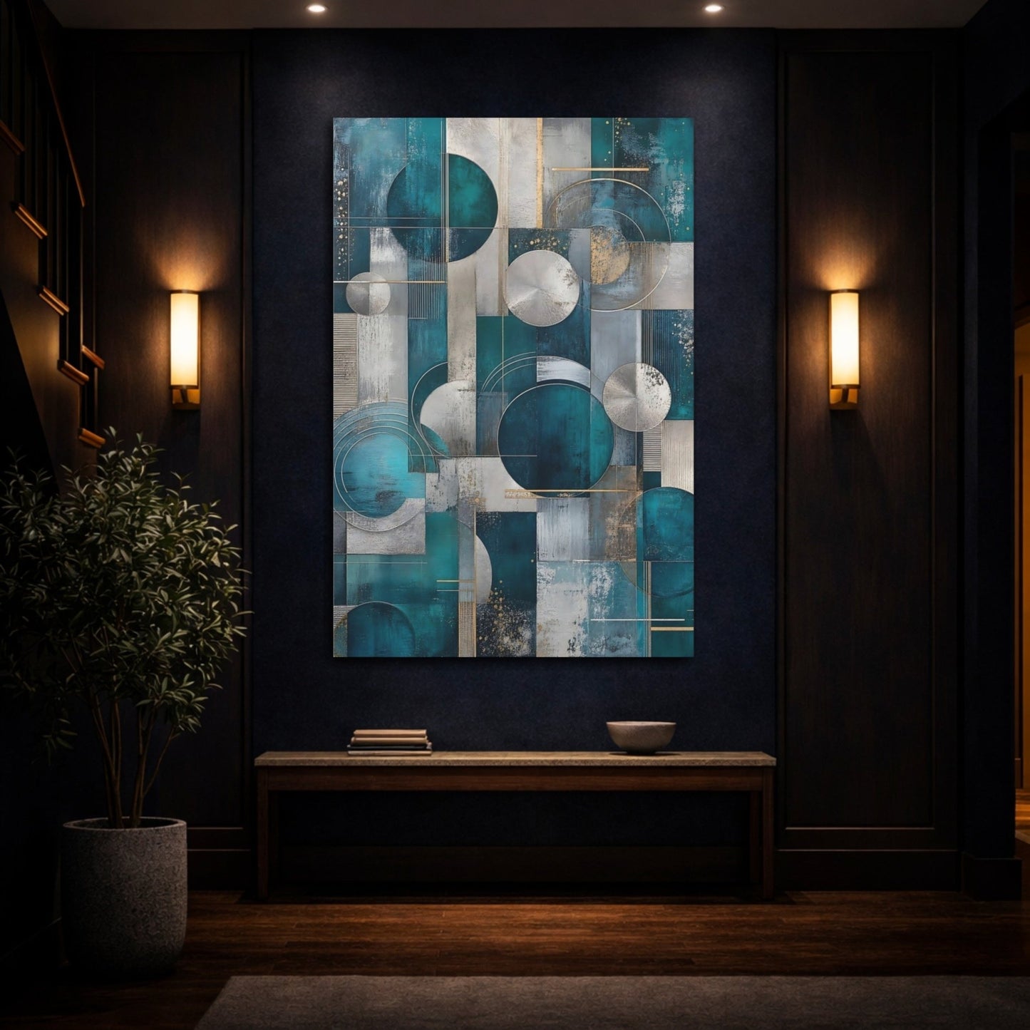 Abstract Geometric Abstraction Teal And Silver Canvas Wall Art Print – Living Room Decor, Above Console Table - YesArtYes