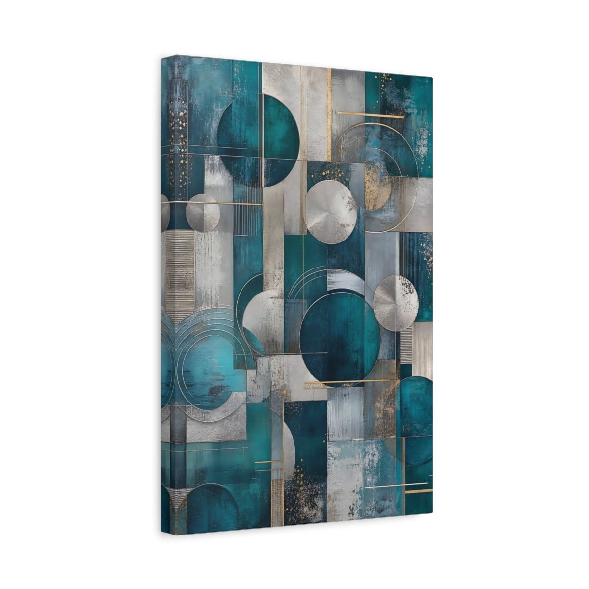 Abstract Geometric Abstraction Teal And Silver Canvas Wall Art Print – Living Room Decor, Above Console Table - YesArtYes