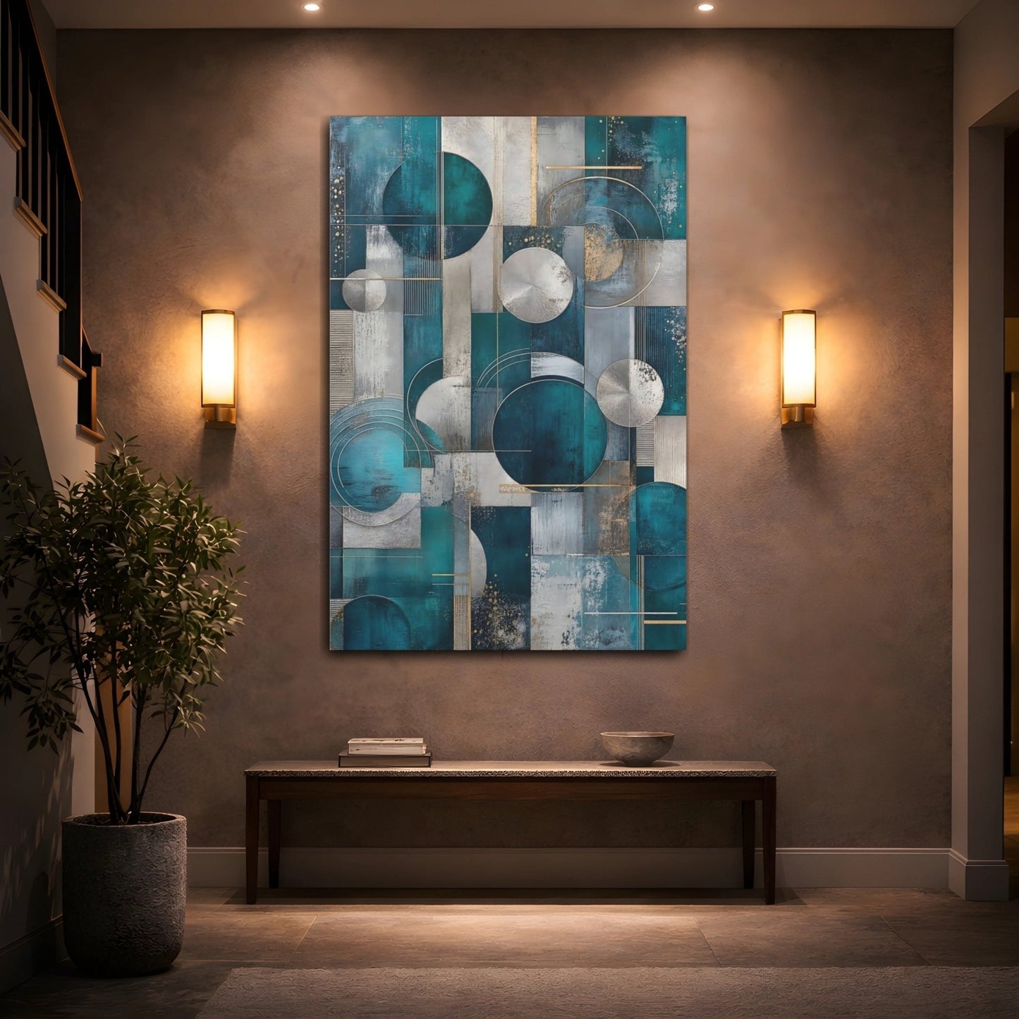 Abstract Geometric Abstraction Teal And Silver Canvas Wall Art Print – Living Room Decor, Above Console Table - YesArtYes
