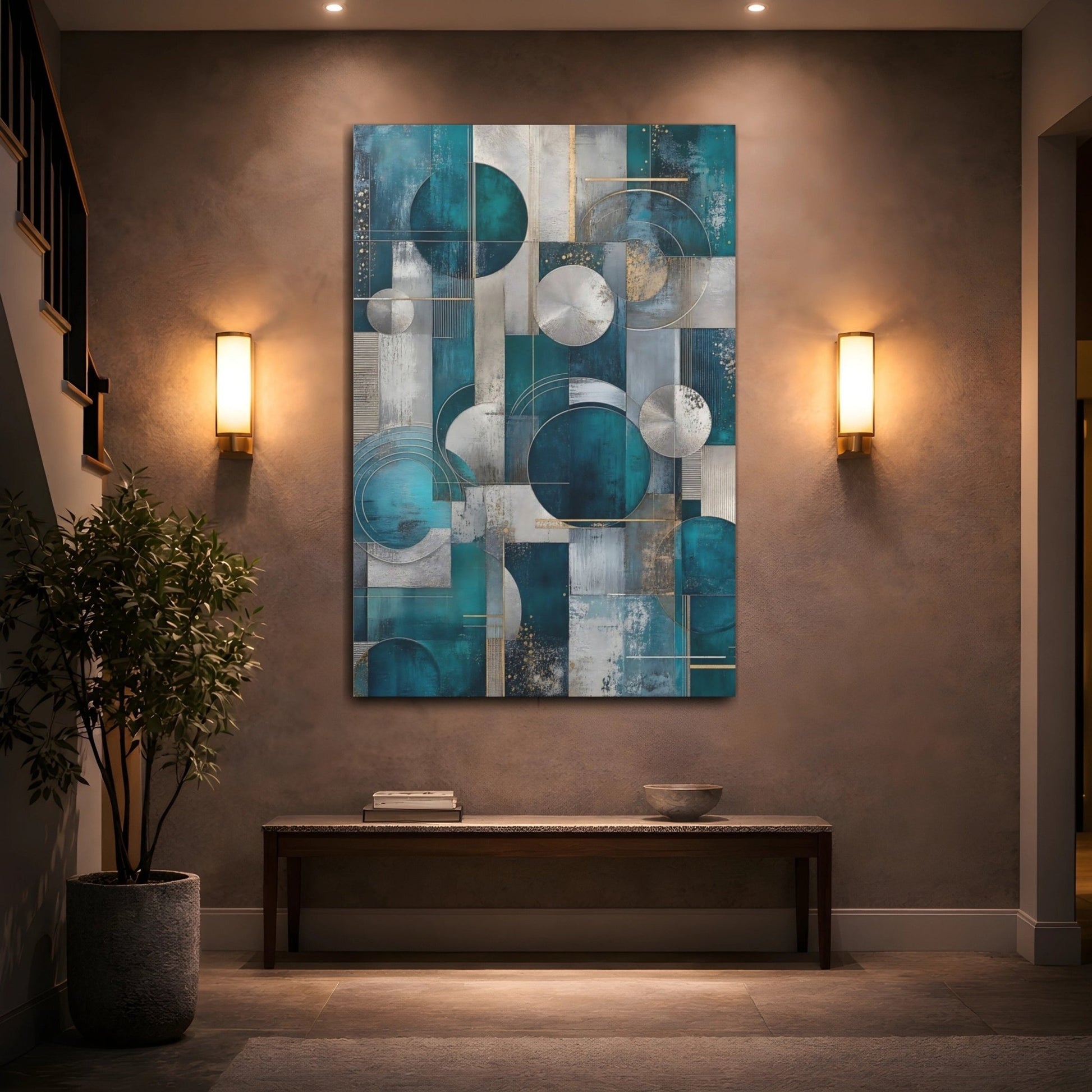 Abstract Geometric Abstraction Teal And Silver Canvas Wall Art Print – Living Room Decor, Above Console Table - YesArtYes