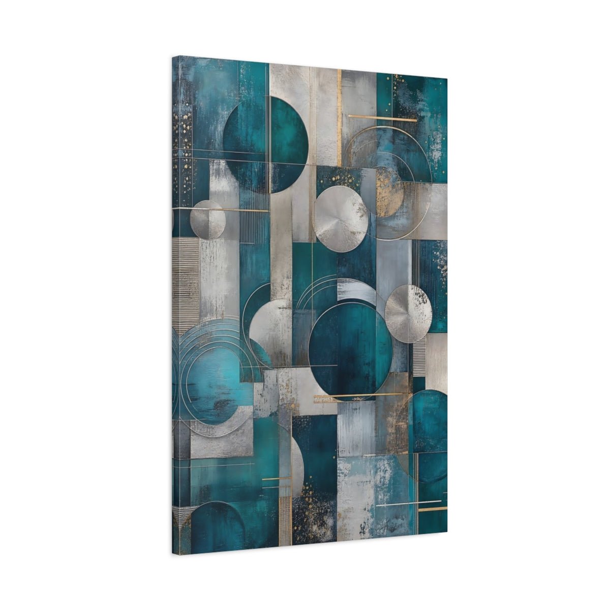 Abstract Geometric Abstraction Teal And Silver Canvas Wall Art Print – Living Room Decor, Above Console Table - YesArtYes