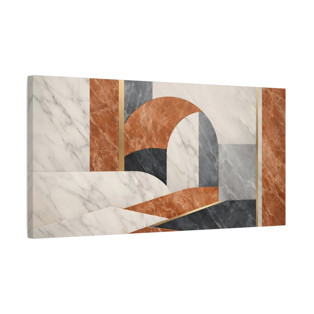 Side Mockup 2. Abstract Geometric Abstraction Terracotta Gold shown as stretched canvas wall art