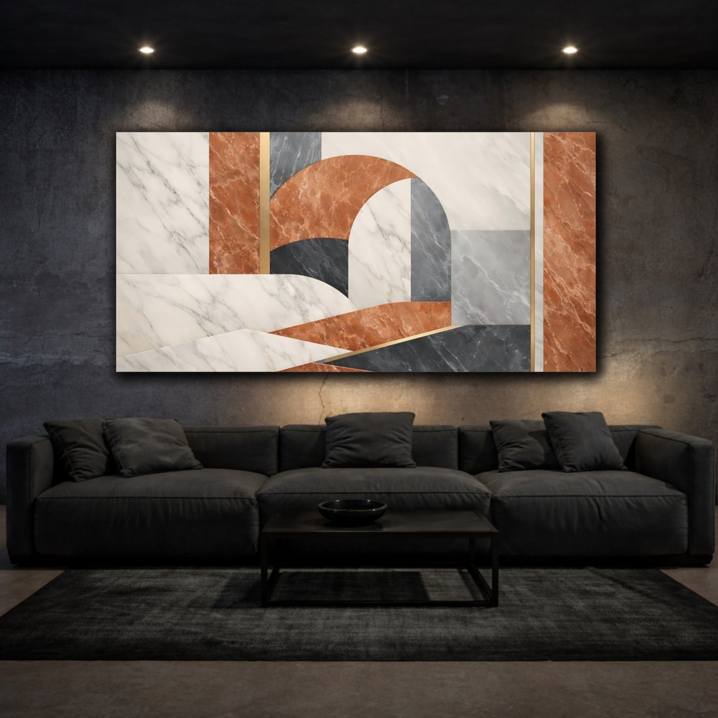 Mockup 2. Abstract Geometric Abstraction Terracotta Gold shown as stretched canvas wall art